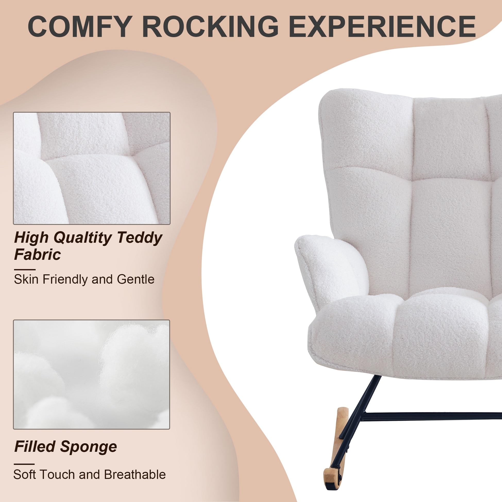 Comfy Teddy Upholstered Glider Rocker Chair with Padded Seat & High Backrest - Nursery Rocking Chair, Accent Armchair for Living Room, Bedroom & Office (White) - Perfect for Nursing, Reading & Relaxing