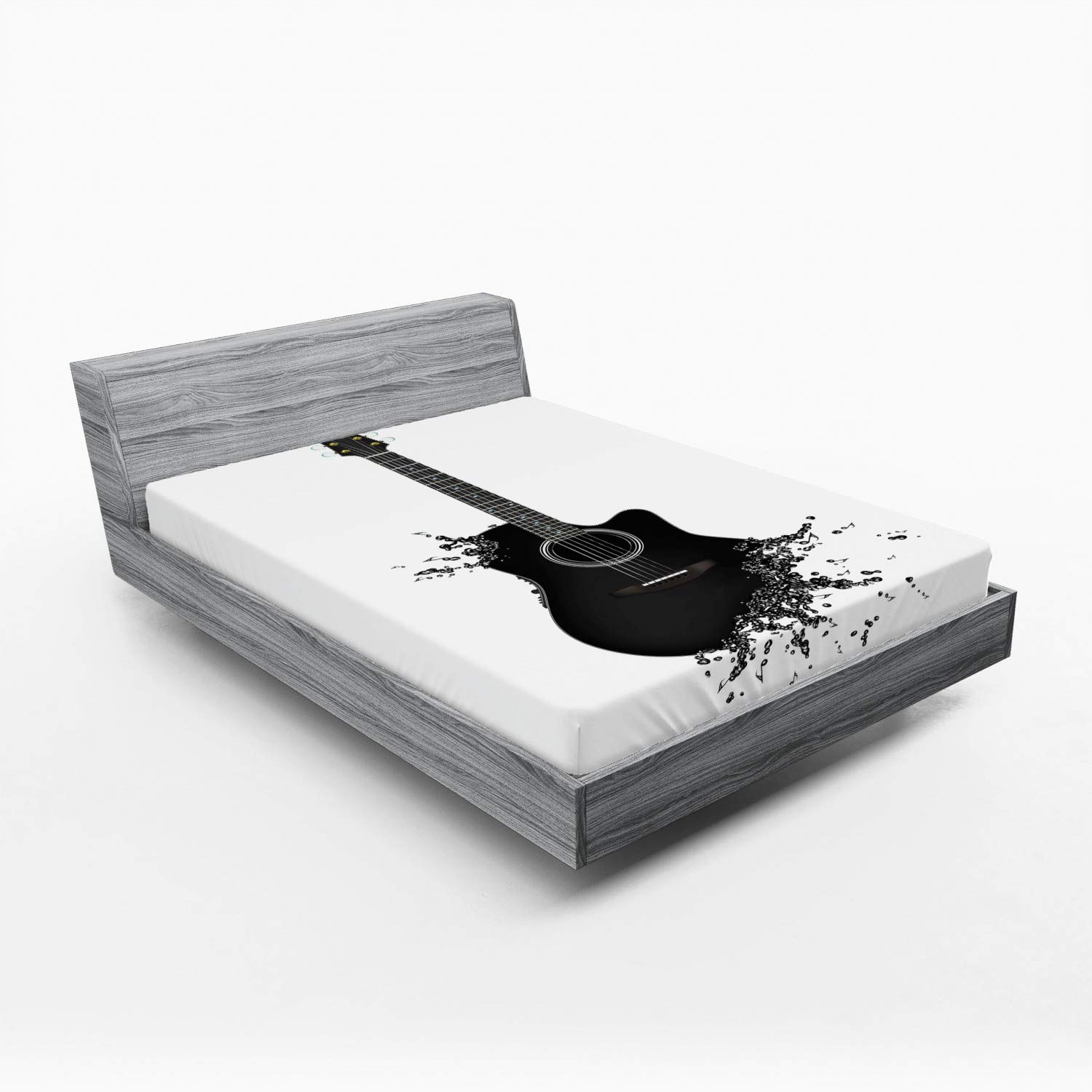 Ambesonne Guitar Fitted Sheet - Full Size Black & White Musical Instrument Design with Deep Pocket Elastic - Perfect for Music Lovers' Bedrooms, Dorms, or Guest Rooms