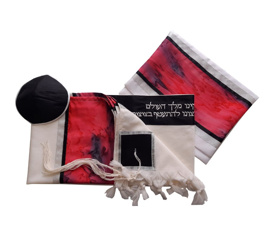 Hand-Painted Red and Black Marble Silk on Wool Tallit with Tzitzit for Bar Mitzvah - Perfect for Jewish Prayer Ceremonies & Special Religious Occasions