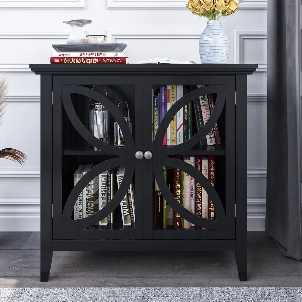 Modern Black Wooden Accent Storage Cabinet with Decorative Transparent Glass Door - Entryway Console, Living Room Sideboard, Bedroom Organizer - Perfect for Hallway Decor, Small Space Storage & Home Organization