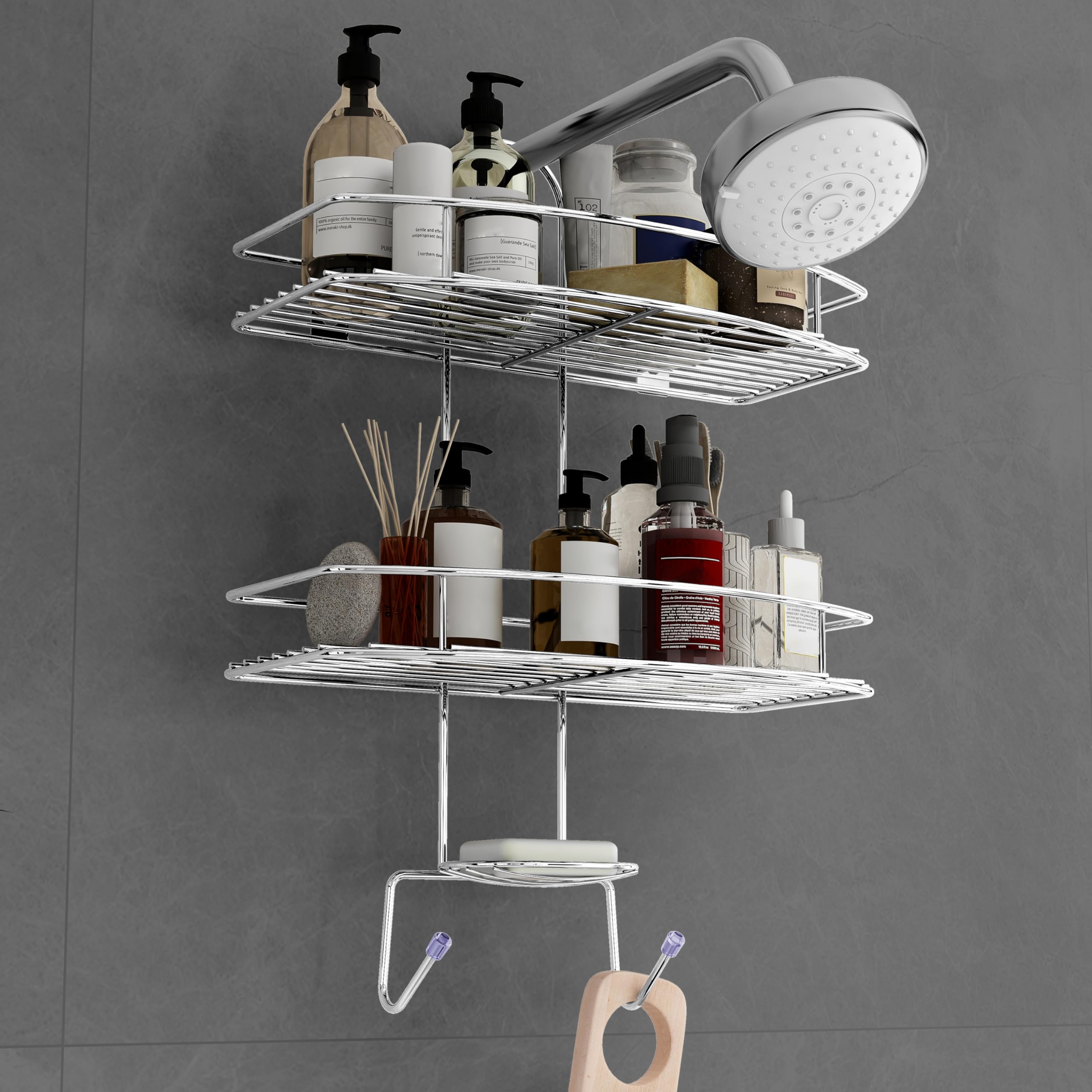 Plantex 5-in-1 Stainless Steel Shower Caddy with Soap Holder & Hooks - D-Shaped Bathroom Organizer (Large, Chrome Finish) - Perfect for Shower Storage & Bathroom Organization
