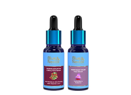 Blue Nectar Manjistha Vitamin C Face Serum for Anti-Wrinkle & Skin Firming (1 Fl Oz) with Kumkumadi Face Oil (0.33 Fl Oz) - Natural Herbal Skincare for Radiant, Youthful Glow | Perfect for Daily Anti-Aging Routine & Nighttime Skin Rejuvenation