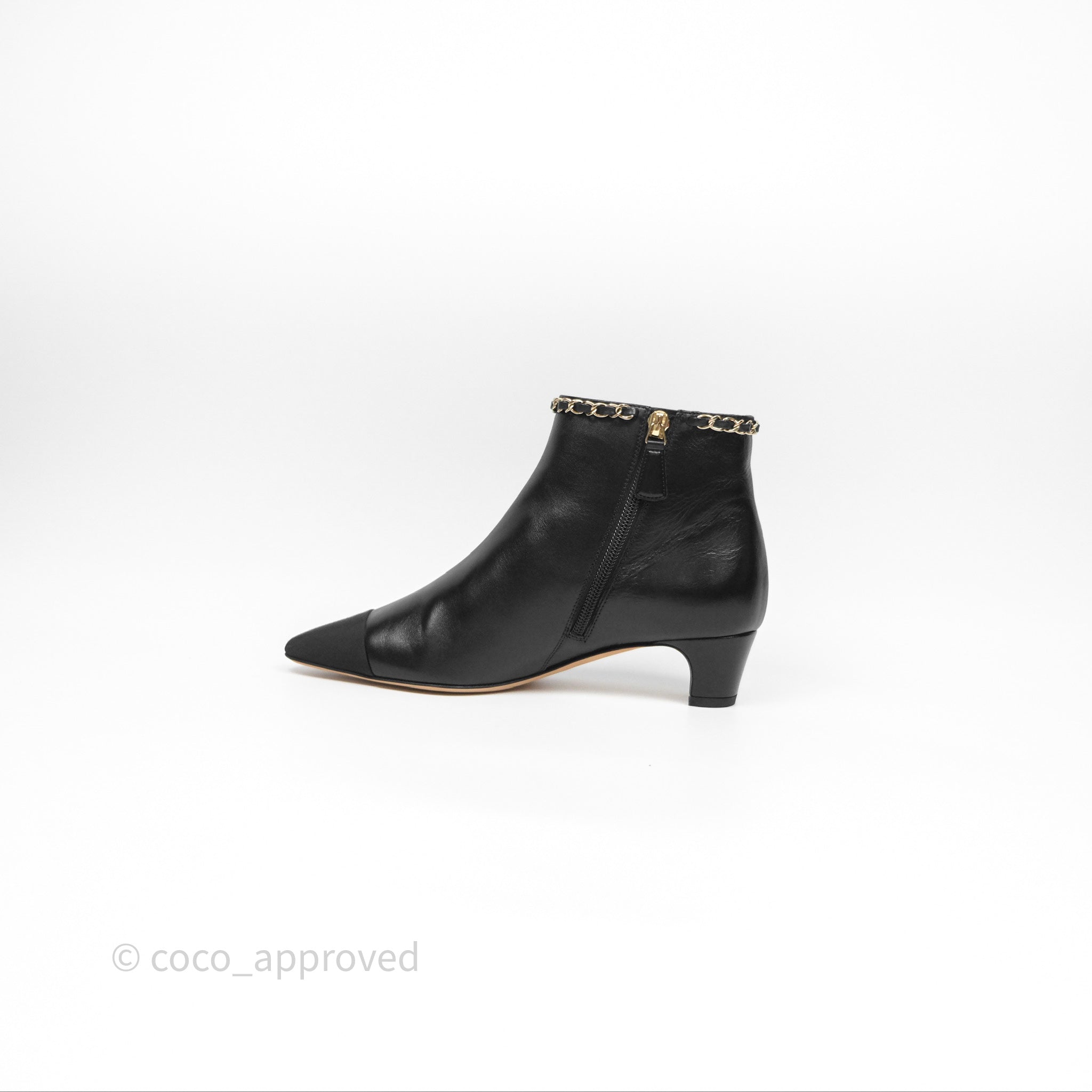 Chanel Black Cap Toe Chain Ankle Boots - Genuine Lambskin Leather Size 36.5 EU (Women's US 6.5) - Luxury Fashion Boots for Evening Parties & Date Nights