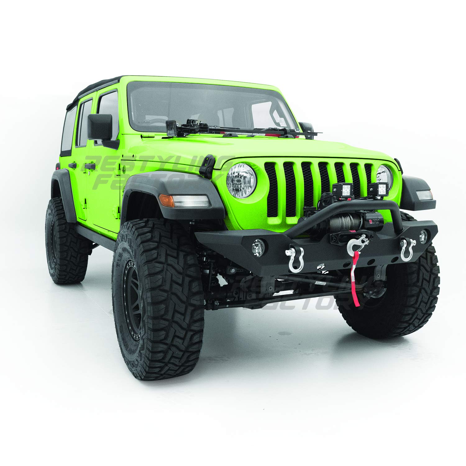 Black Textured Front Bumper with Fog Light Holes, 2 D-Ring Shackles & Winch Plate Compatible with 2018-2021 Jeep Wrangler JL - Heavy Duty Off-Road Protection for Trail Riding & Rock Crawling
