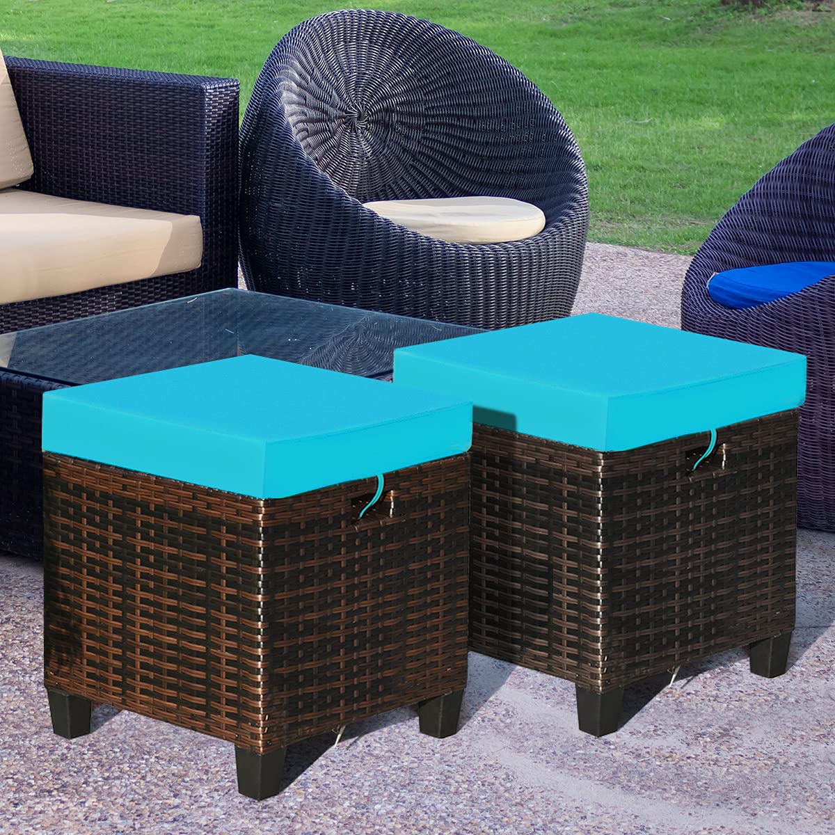 2PCS Rattan Wicker Ottoman Set with Removable Cushions - Patio Footstool & Footrest Seat - Outdoor Wicker Furniture for Home, Garden, Backyard (Turquoise) - Perfect for Relaxing on Your Deck or Poolside Lounge