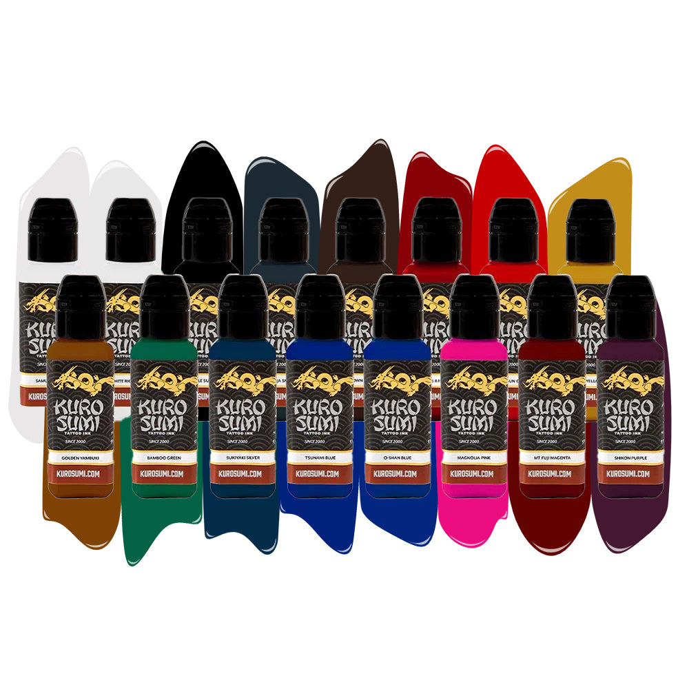 16 Color Primary Set #1 - Kuro Sumi Professional Tattoo Ink Kit - Choose Your Size - Perfect for Tattoo Artists & Beginners