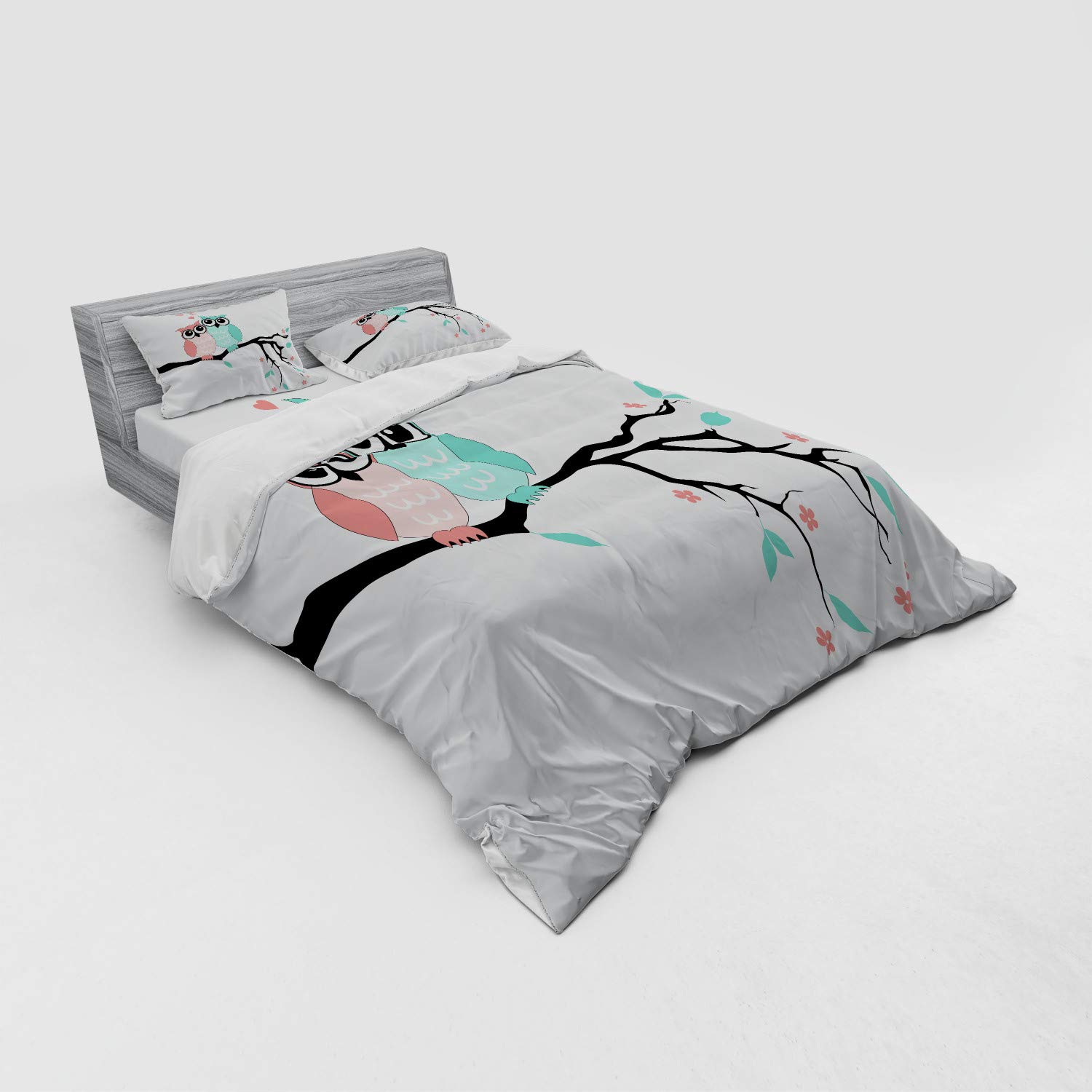 Ambesonne 4-Piece Queen Size Duvet Cover Set - Teal & White Owl Couple Design on Tree Branch, Includes Shams & Fitted Sheet (Turquoise/Coral/Black) | Perfect for Valentine's Day, Romantic Bedroom Decor & Couples Gift