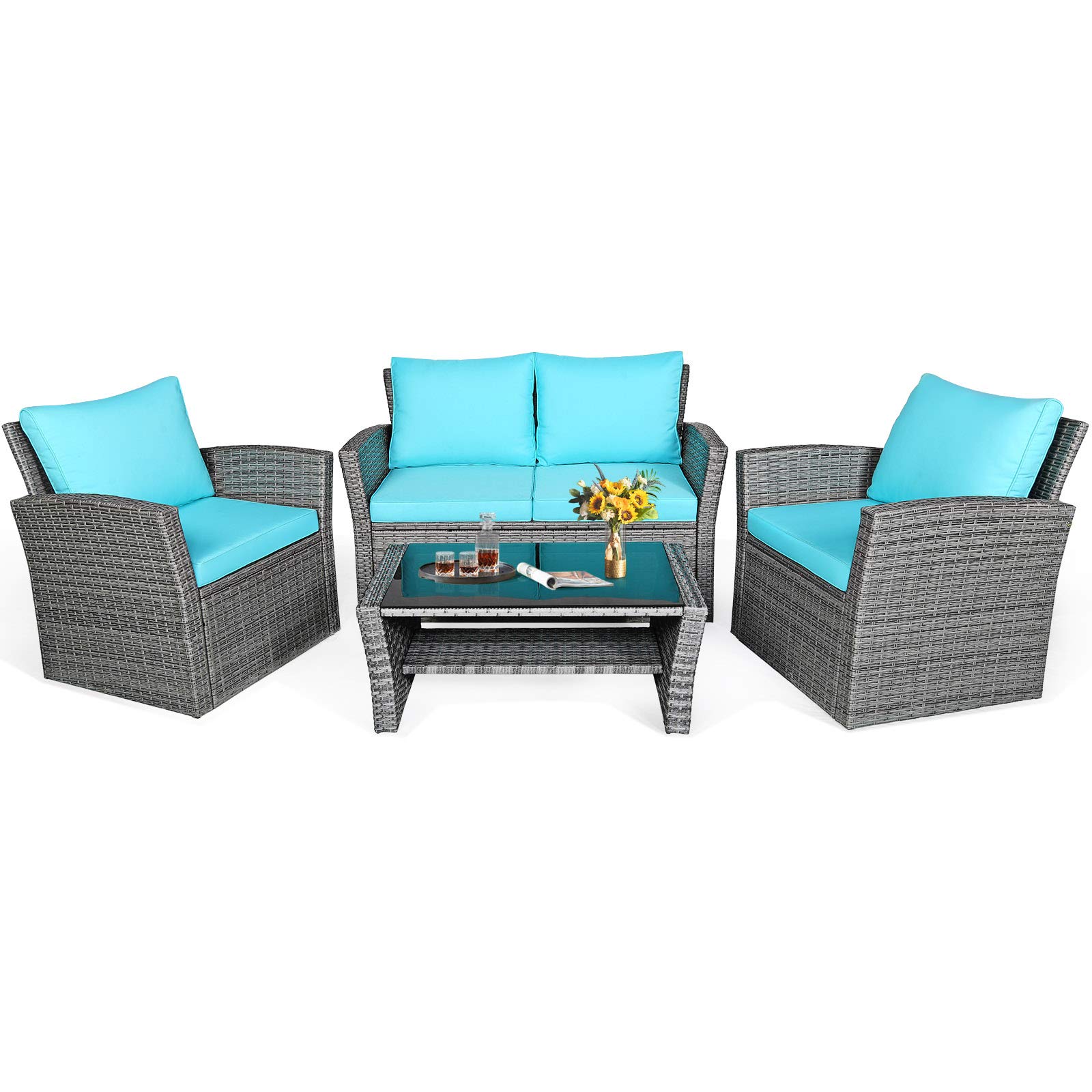 HAPPYGRILL 4-Piece Outdoor Rattan Patio Furniture Set with Cushions & Coffee Table - Wicker Sectional Sofa Conversation Set for Garden, Porch, Balcony, Poolside - Perfect for Relaxing, Entertaining & Outdoor Lounging