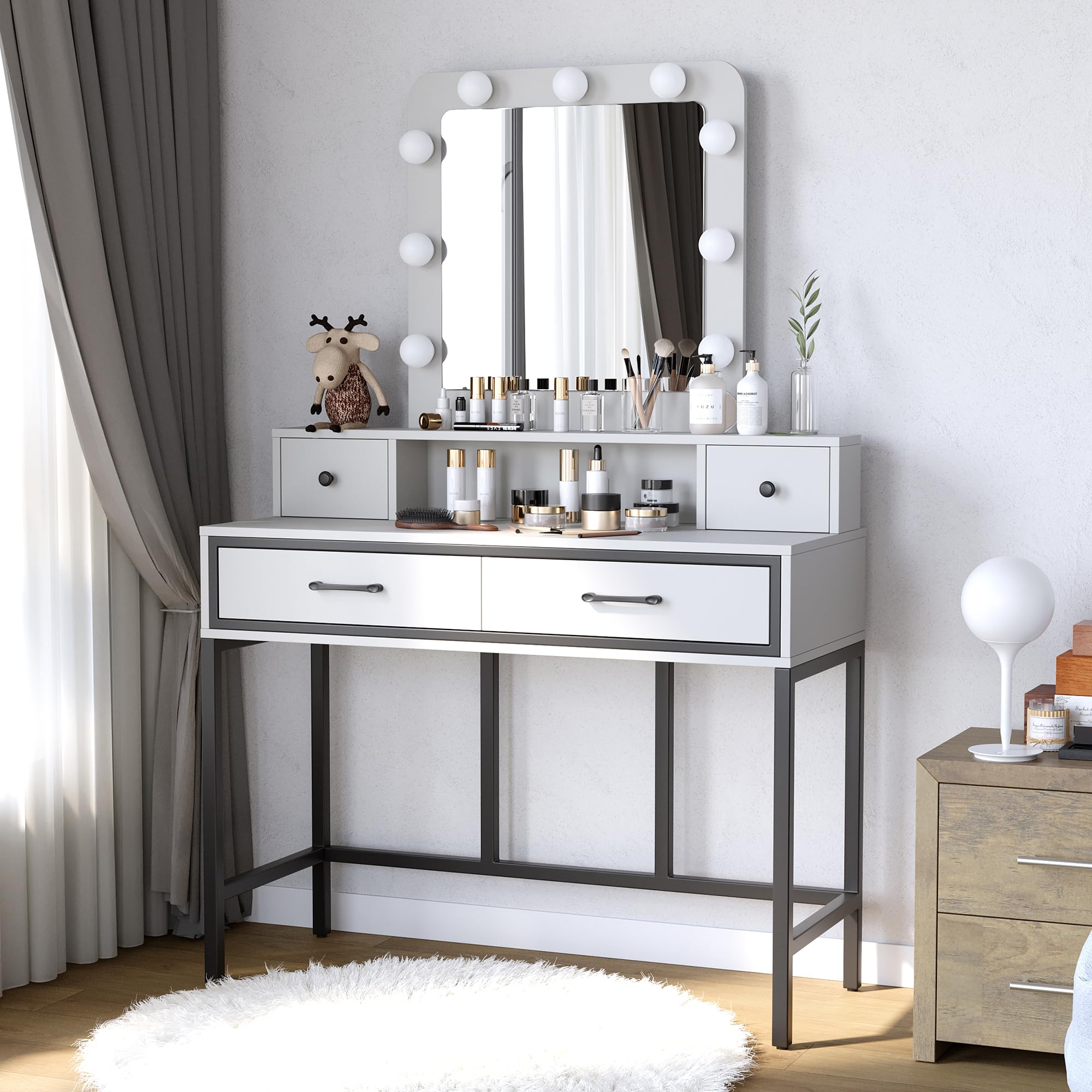 Sunvivi White Vanity Desk with Dimmable LED Hollywood Mirror & 4 Drawers - Large Makeup Dressing Table for Women & Girls - Perfect for Bedroom, Bathroom & Beauty Salon Makeup Application