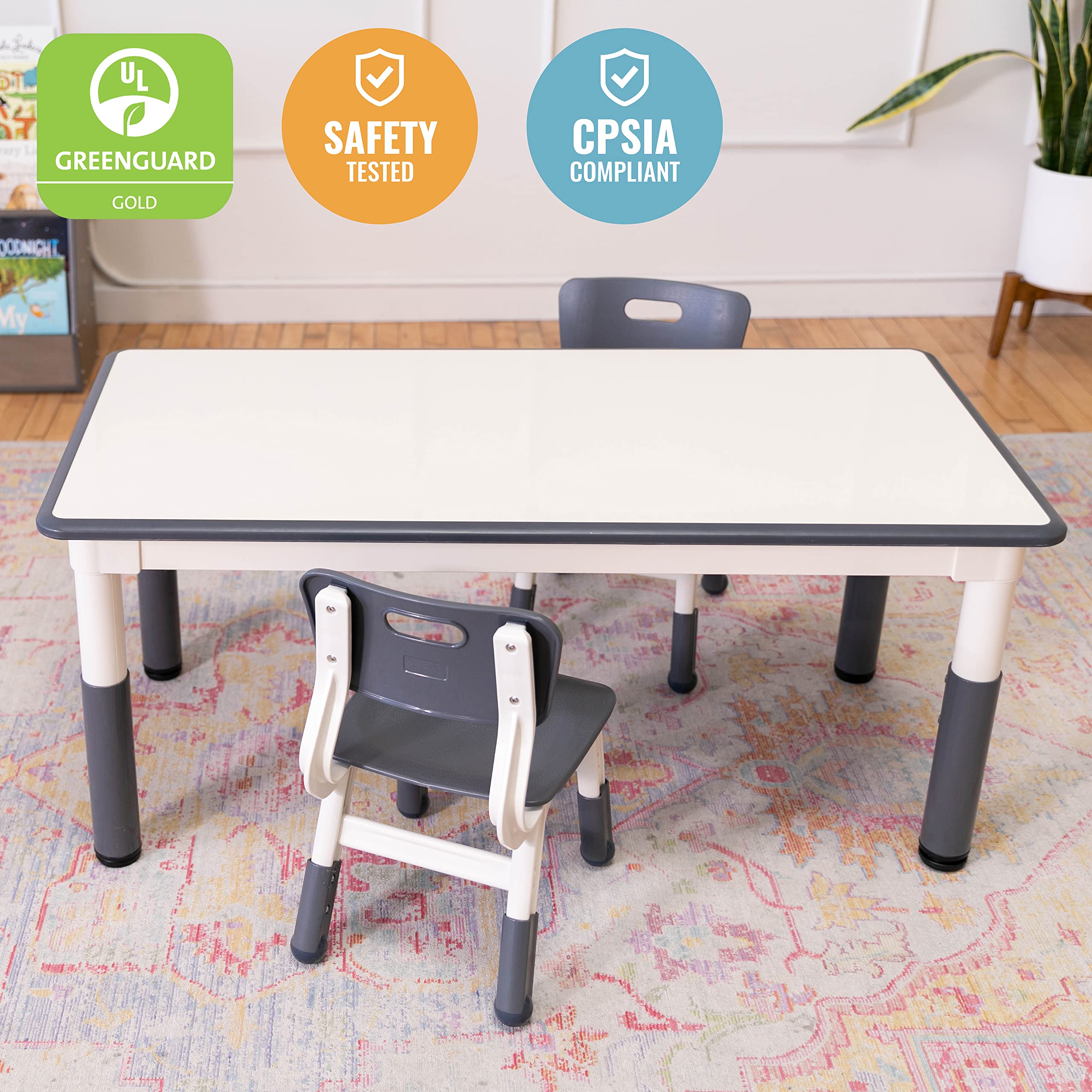 ECR4Kids Adjustable Dry-Erase Activity Table with 2 Chairs - Kids Study & Play Furniture Set for Classroom & Home Learning - Grey