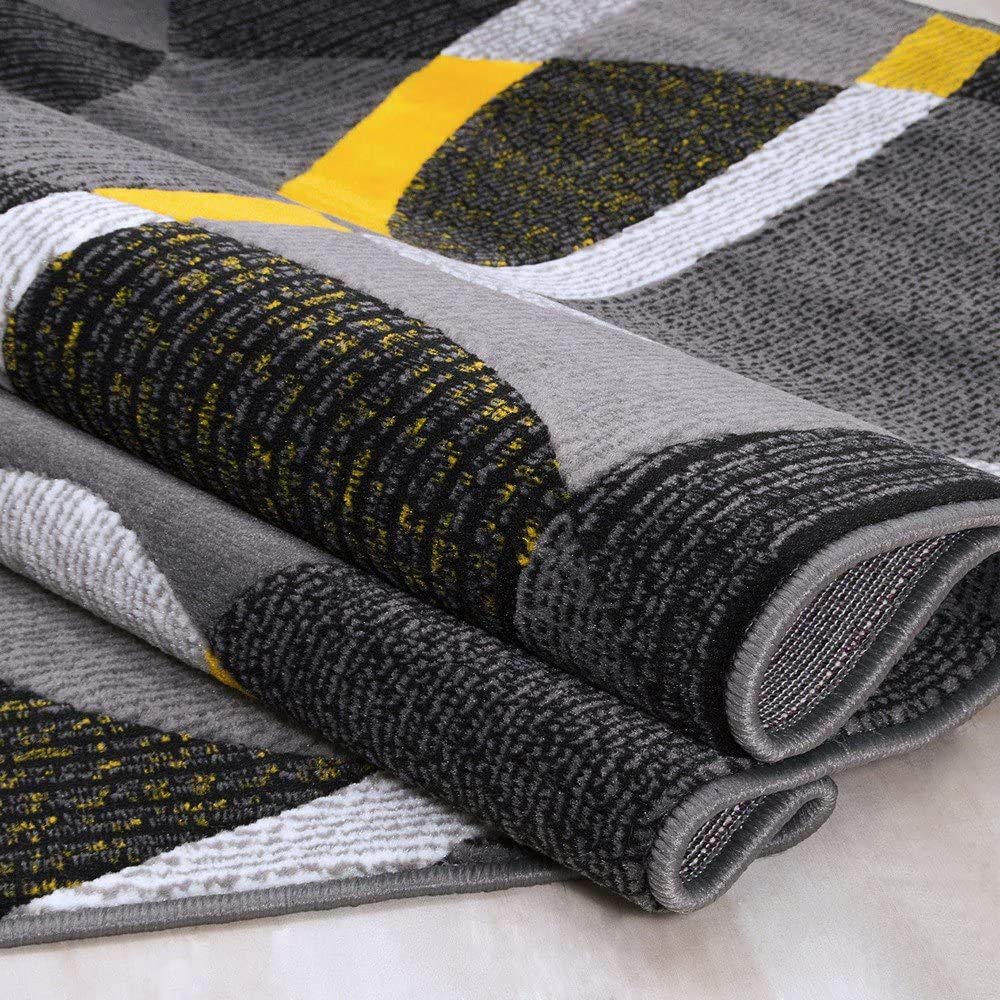 Modern Abstract Swirls Circles Area Rug - Yellow, Gray, Black Carpet (5’3” x 7’5”) - Perfect for Living Room, Bedroom, or Office Decor