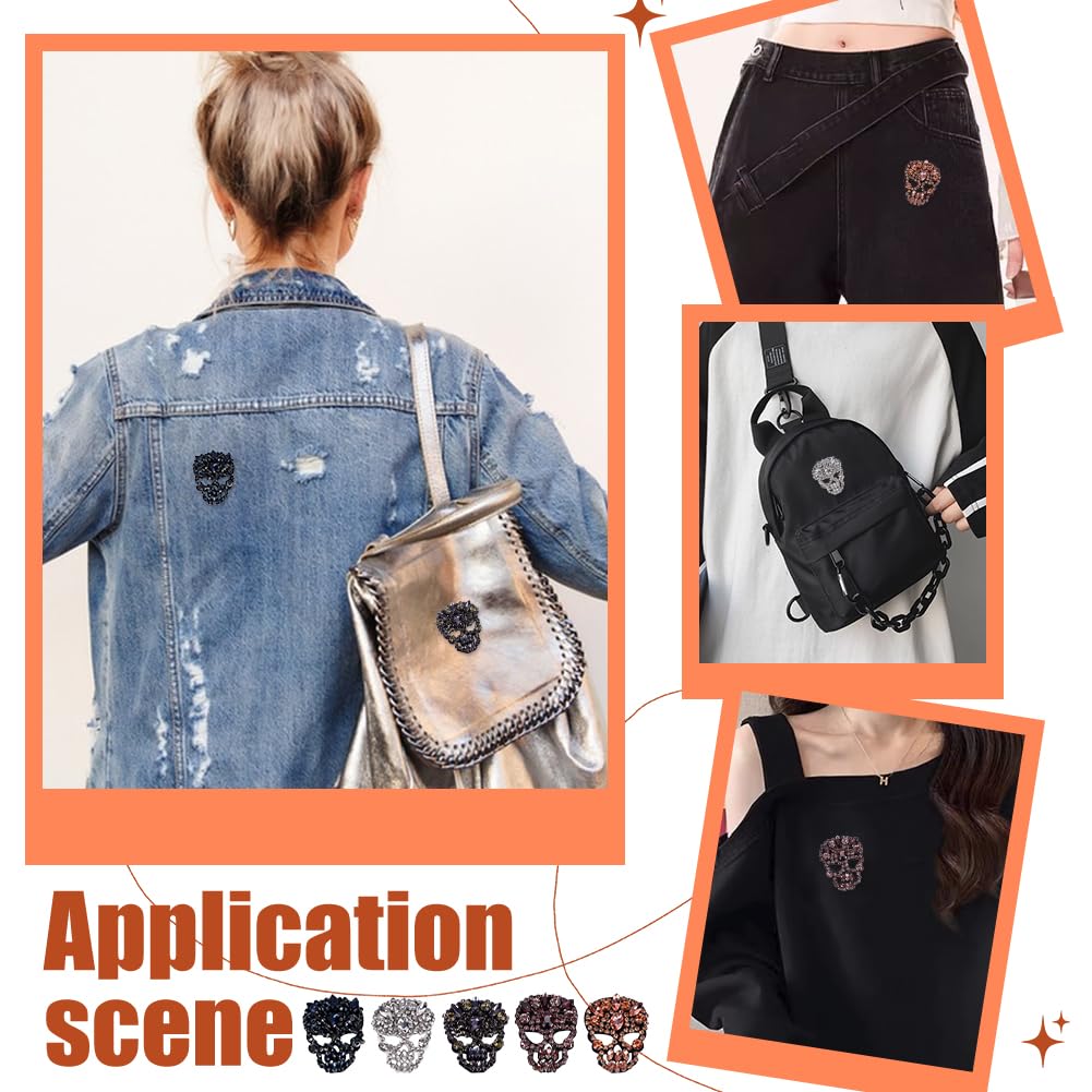 FINGERINSPIRE 5PCS Skull Glass Rhinestone Beaded Patches - 5 Colors, 2x2.4 Inch Sew-on Appliques for Clothes, Dresses, Hats & Jeans - DIY Handicraft Embellishments for Gothic Fashion, Costume Design & Punk Style Outfits