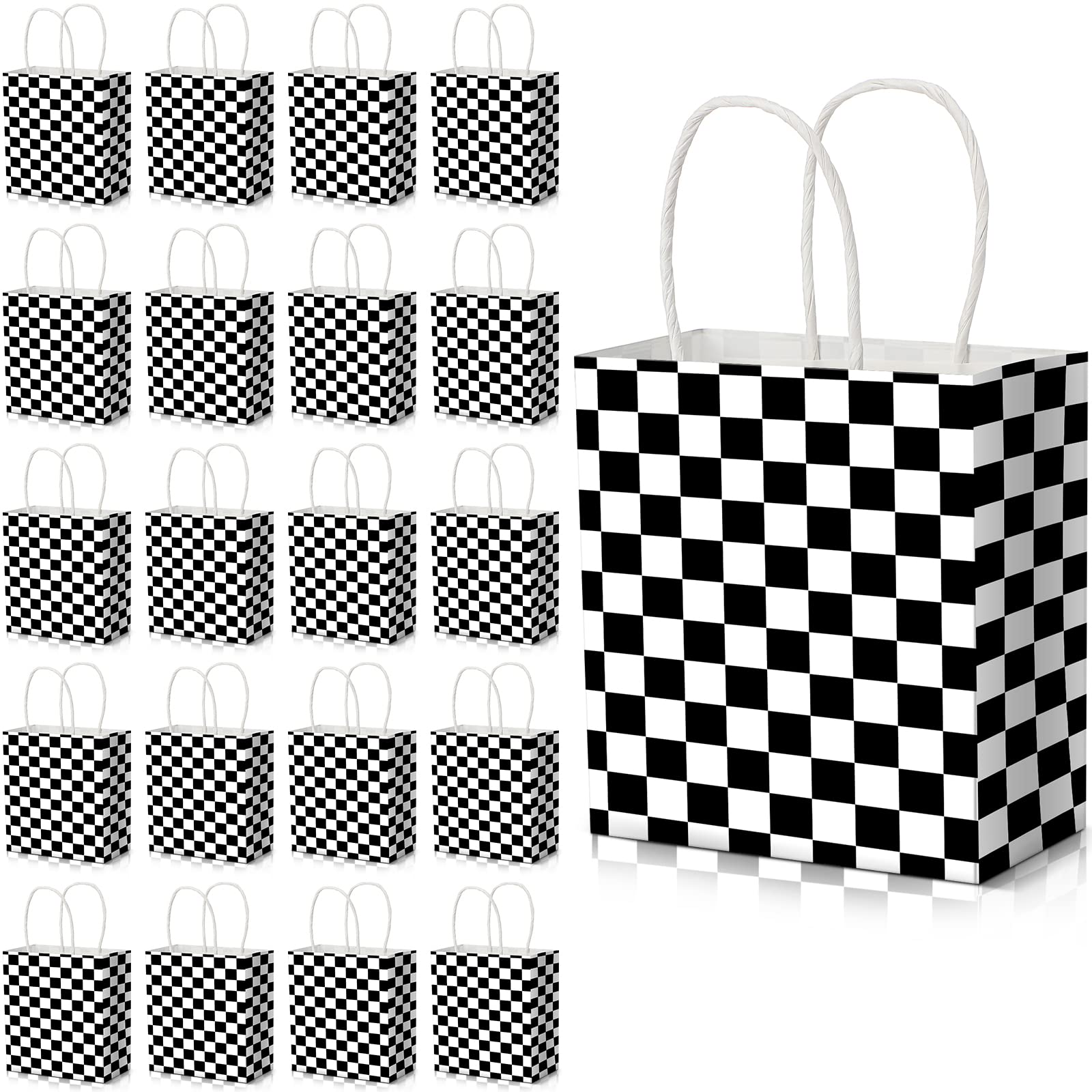 Marspark 24 Pcs Checkered Race Car Party Bags - Black & White Candy Gift Bags for Birthday Decorations & Favors