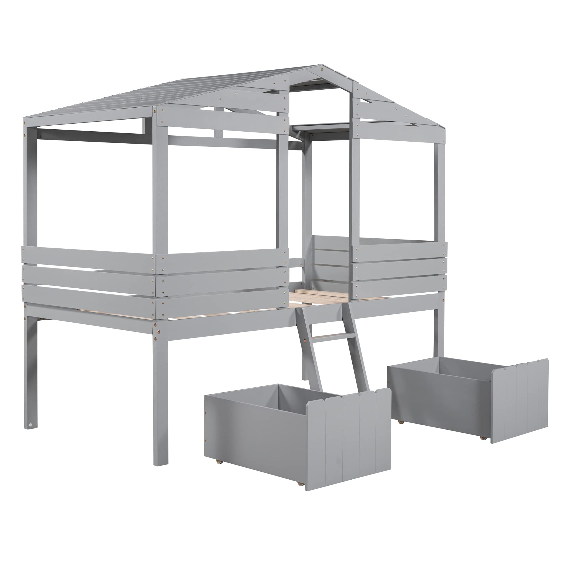 Harper & Bright Designs Twin Size Wood Loft House Bed with 2 Drawers, Storage, Ladder & Roof - Grey Kids & Teens Bed Frame with Windows, No Box Spring Needed - Perfect for Small Bedrooms, Dorm Rooms & Kids' Play Areas