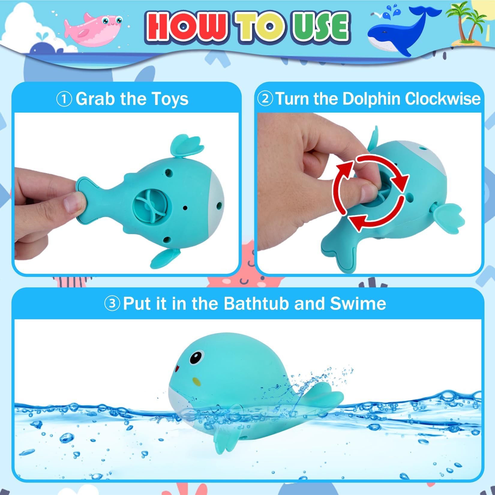 5-Piece Wind Up Baby Bath Toys Set - Floating Dolphins, Crabs, Turtles & Ducks for Toddlers | Fun Bathtub & Pool Toys for Boys & Girls | Perfect for Bath Time, Swimming & Sensory Play