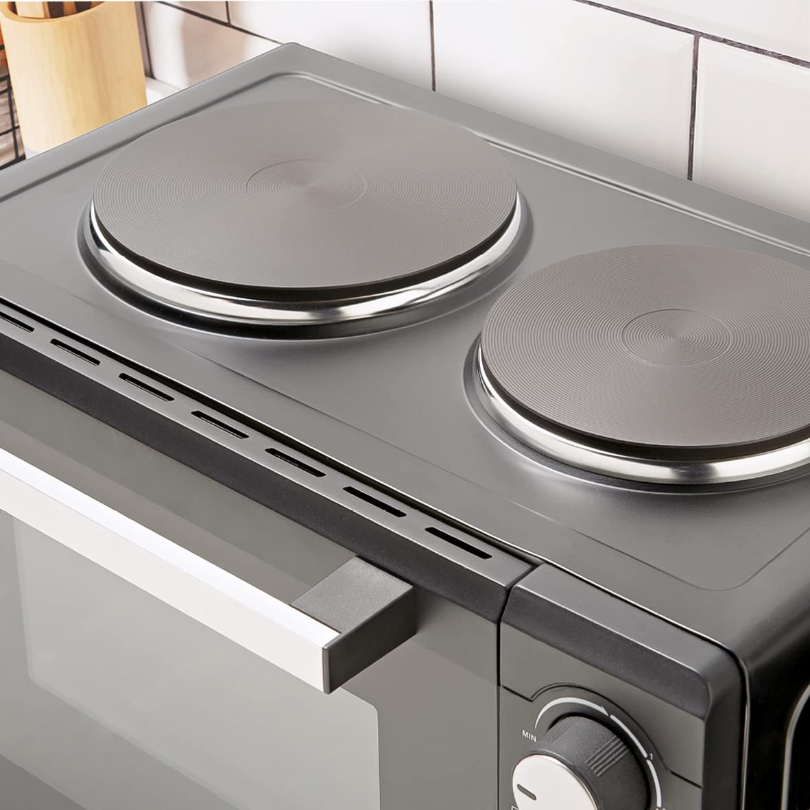 Quest 35379 26L Twin Hob Countertop Rotisserie and Convection Mini Oven - Adjustable Temperature, 60-Min Timer, Auto Shut-Off with Bell - Includes Accessories - Perfect for Small Kitchens, Dorms, and RV Cooking