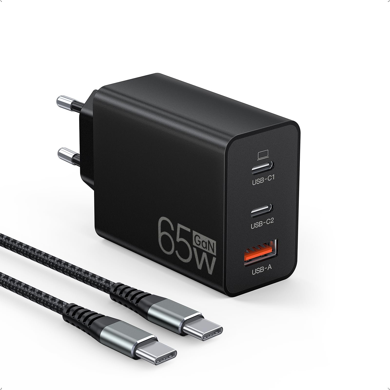 65W USB C Fast Charger with 2M Cable, 3-Port GaN Wall Charger for MacBook Air/Pro M1/M2, iPhone 16/15/14/13, Galaxy S24/S23/S22, Nintendo Switch, Tablets & Laptops - Compact Travel Charger for Home, Office & On-The-Go Use