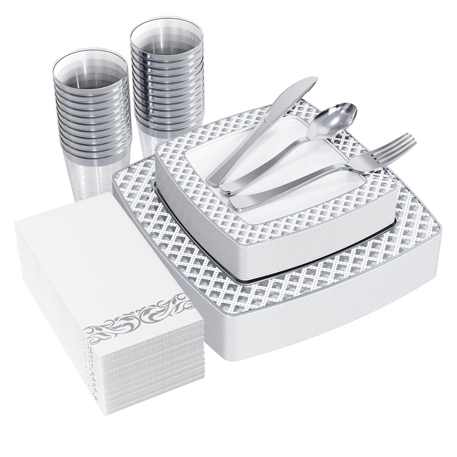 FOCUSLINE 175-Piece Silver Disposable Dinnerware Set for 25 Guests - Elegant Square Plastic Plates with Diamond Design - Includes 25 Dinner Plates, 25 Dessert Plates, 25 Napkins, 25 Cups & 25-Piece Silverware Set - Perfect for Weddings, Parties, Catering & Special Events
