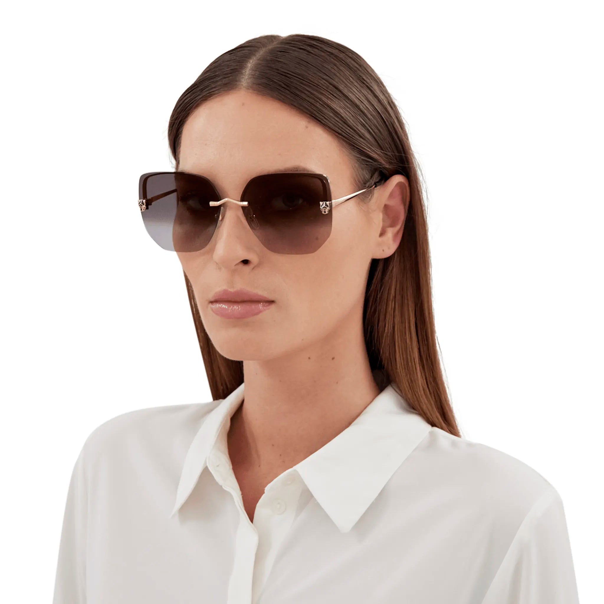 Cartier CT0432S 001 Panthere De Cartier Gold Grey Rimless Sunglasses for Women - Luxury Designer Cat Eye Sunglasses with UV Protection - Perfect for Beach, Driving & Fashion Outfits