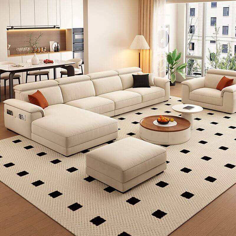 L-Shaped & Straight Left Sofa Chaise with Adjustable Headrest & Natural Wood Support - Perfect for Living Rooms, Home Theaters & Small Spaces