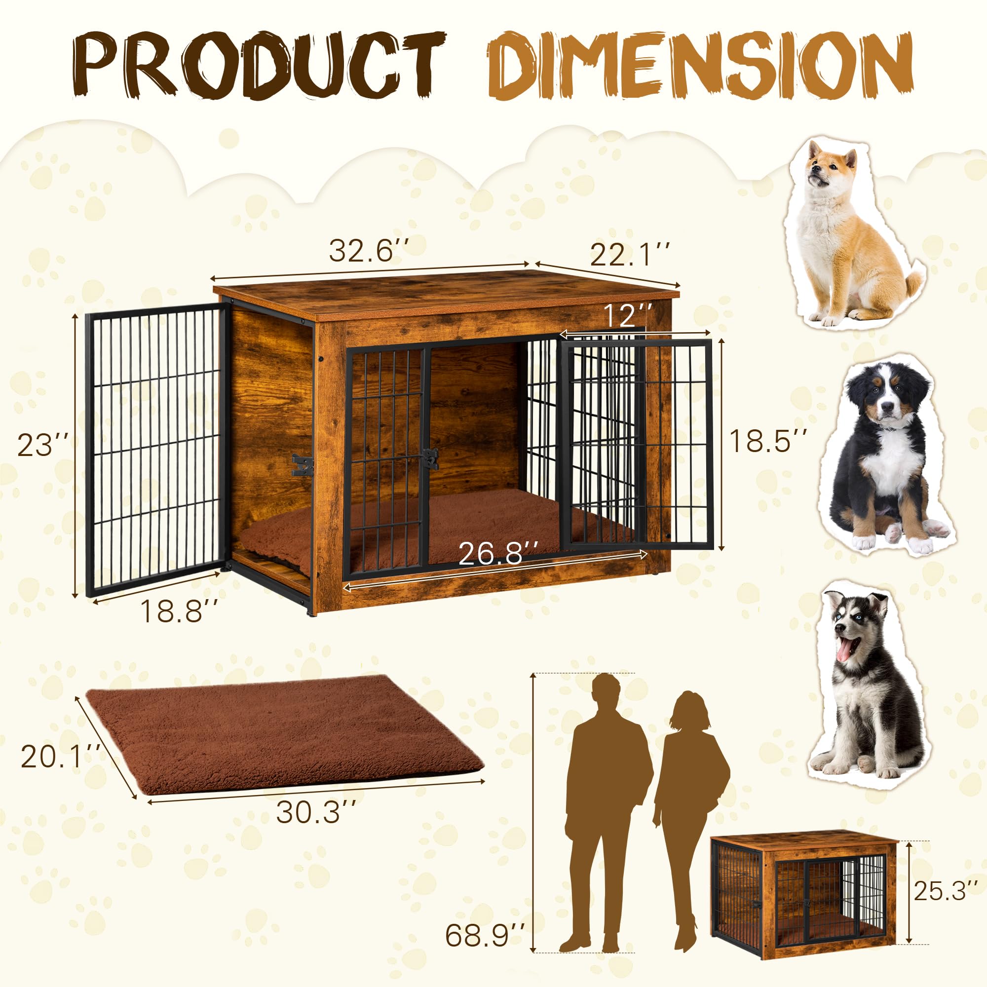 Stylish Wooden Dog Crate Furniture with Thick Cushion - Double Door Chew-Resistant Kennel for Small to Large Dogs | Indoor Pet House with Side End Table Function | Perfect for Living Room, Bedroom or Home Office