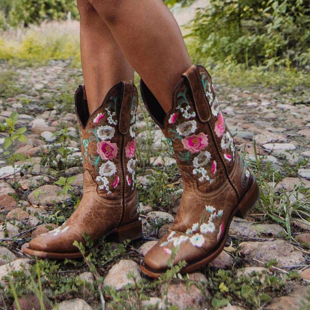 Soto Boots Women's Jasmine Floral Square Toe Cowgirl Boots - Genuine Leather Handcrafted Western Boots with Embroidery | Perfect for Country Dancing, Rodeo Events & Casual Wear (Style M50043, Tan)