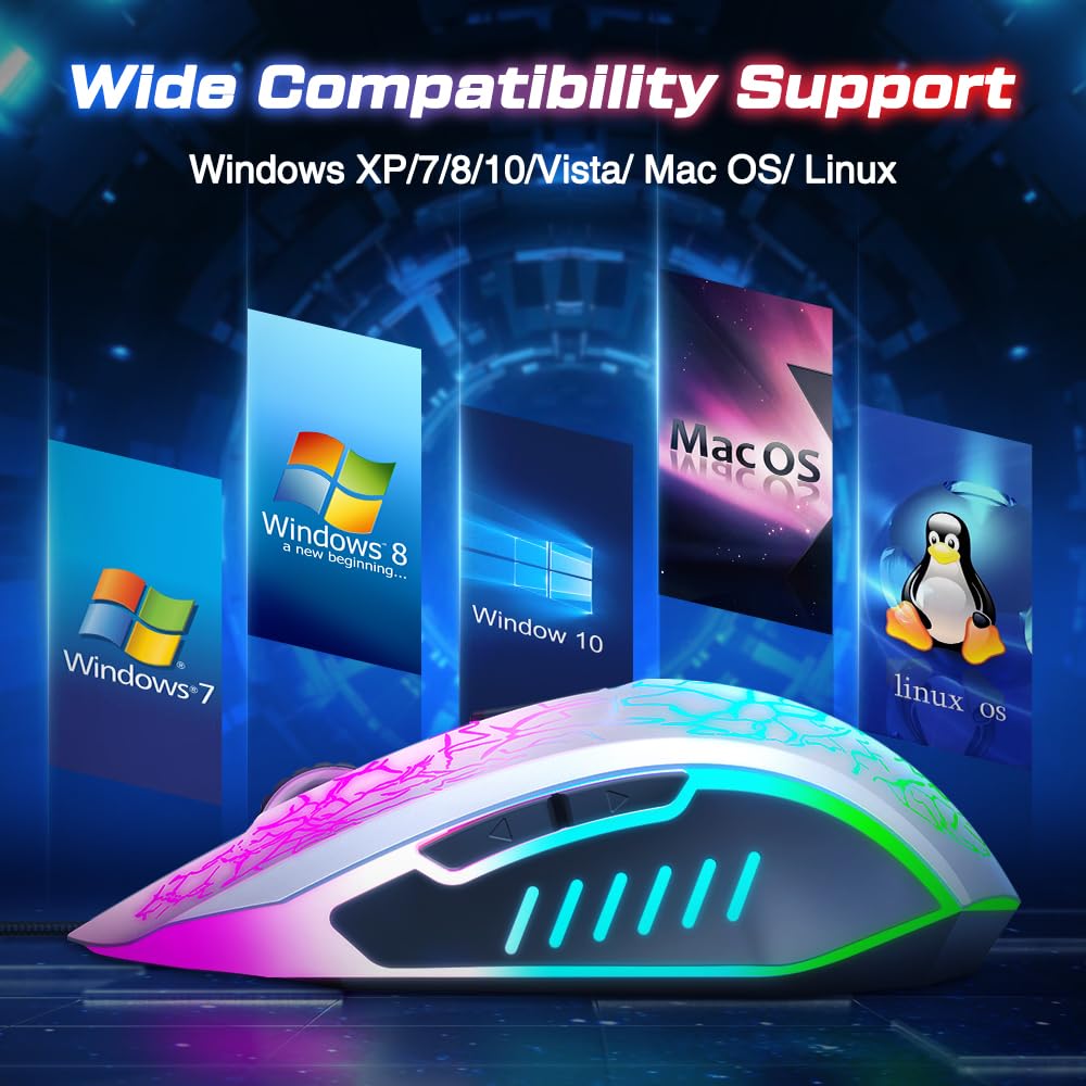 VersionTECH. Wired Gaming Mouse - Ergonomic RGB Backlit Mouse with 7 LED Lights, 6 Programmable Buttons & 4 Adjustable DPI for PC, Laptop, Chromebook, Mac - Perfect for Gaming, Office Work & Graphic Design (White)