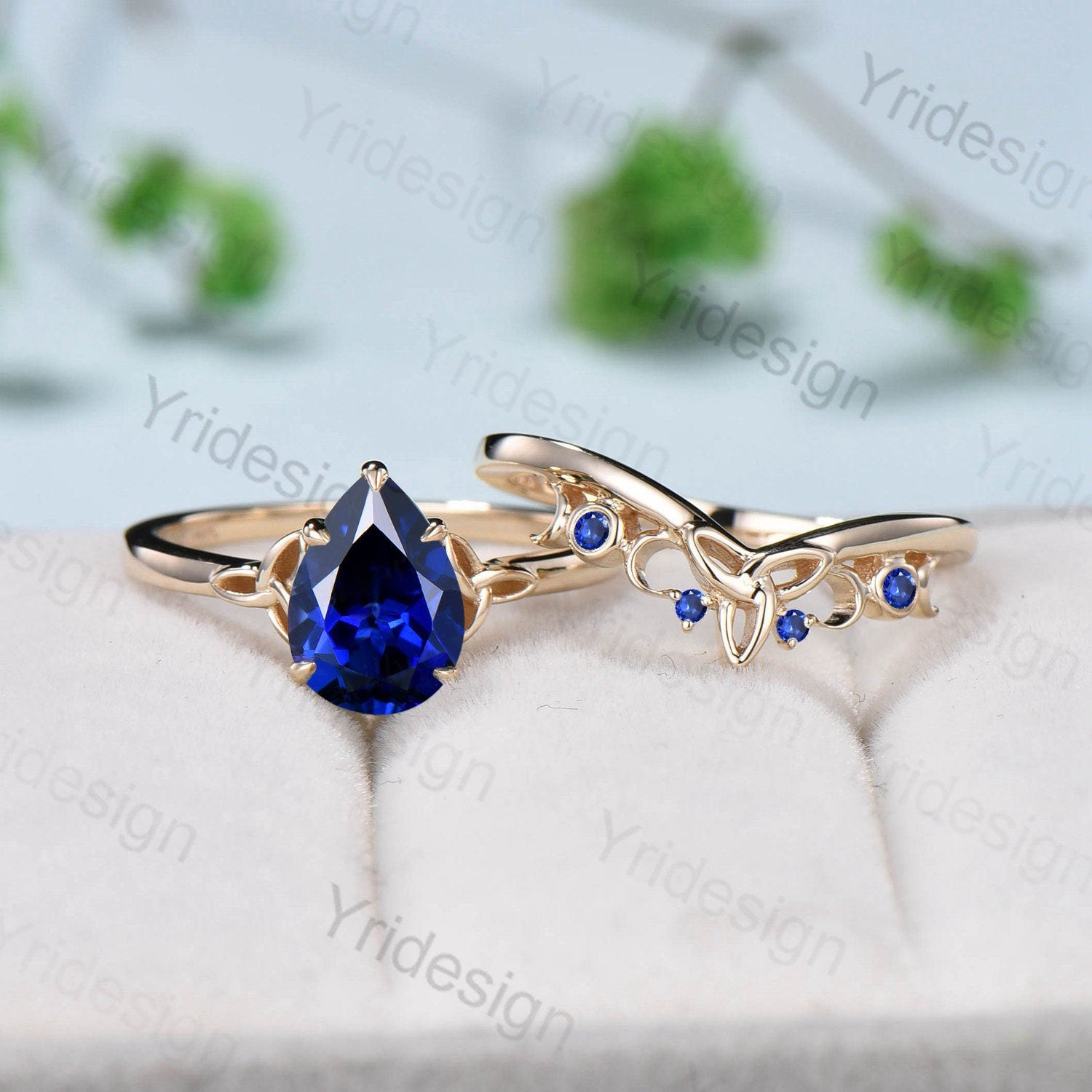 Viking Blue Sapphire Engagement Ring Set - Pear Shaped Blue Gemstone Wedding Ring for Women - Unique Celtic Love Knot Bridal Jewelry Gift for Anniversary, Proposal & Special Occasions