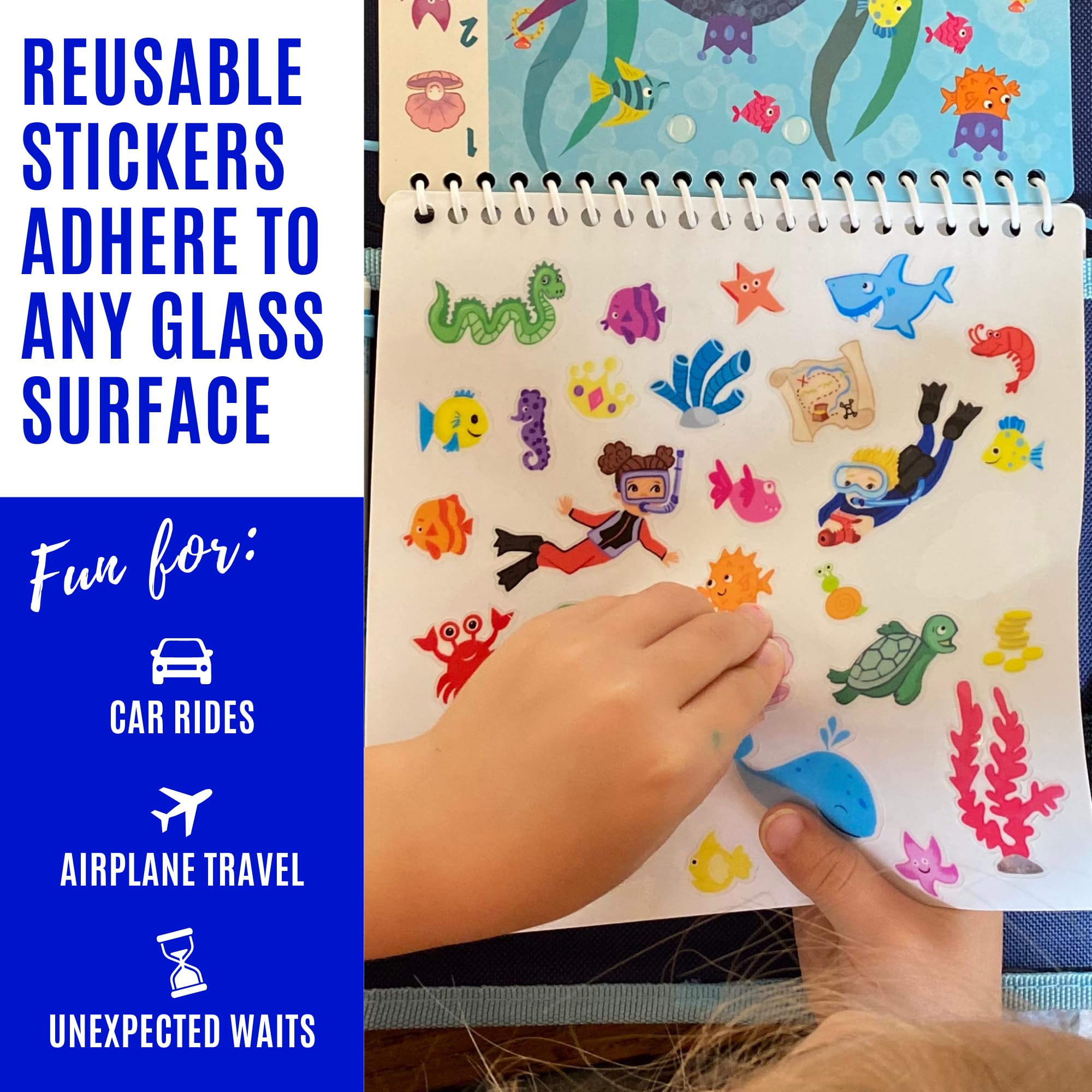 Washable Travel Activity Book for Kids Ages 4-6 | 7x7 Inch Educational Toy with Reusable Stickers & Markers | Car & Airplane Games, Search & Find Ocean Theme | Perfect for Road Trips, Flights & Homeschool Learning