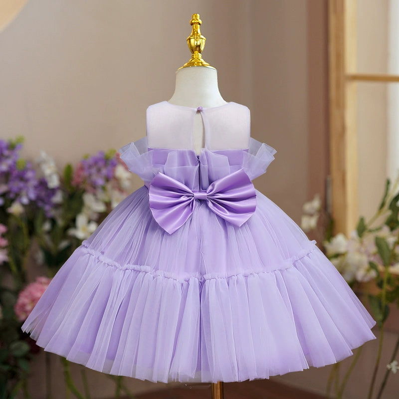 Lilac Princess Round Tea Length Tulle Flower Girl Dress for Weddings, Bridal Party & Special Occasions
