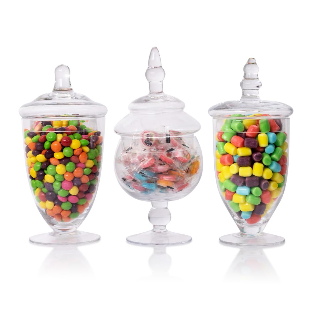 Apothecary Candy Jars with Lids - 20 oz, 24 oz, 28 oz Glass Canisters for Candies, Cookies, Toiletries & Home Decor - Perfect for Kitchen, Bathroom & Party Display