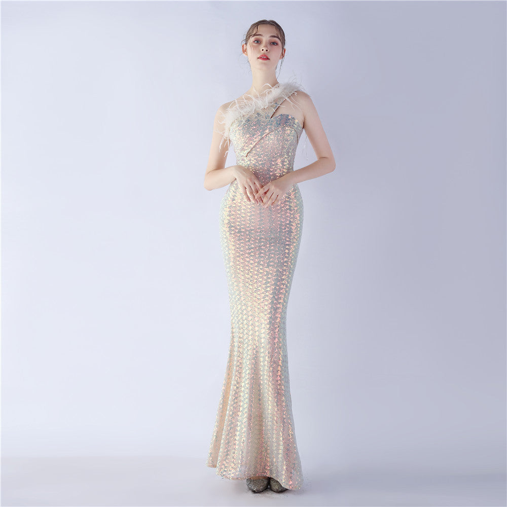 Luxury Ostrich Feather Beaded Evening Gown - High-Density Crystal Embroidery Single Shoulder Cocktail Dress for Prom, Gala & Special Occasions