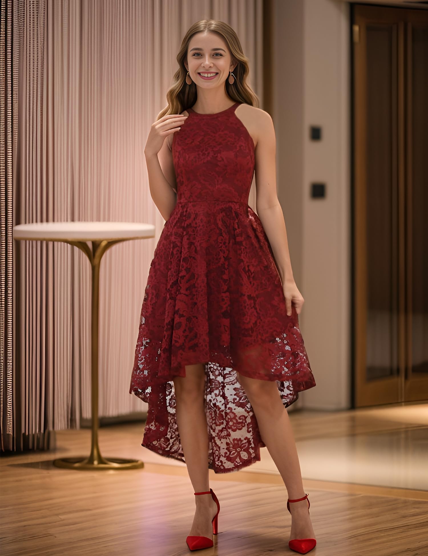 Elegant Women's Halter Lace Wedding Guest Dress - Hi-Low Cocktail Party & Bridesmaid Formal Gown for Special Occasions | Perfect for Weddings, Galas, and Evening Events