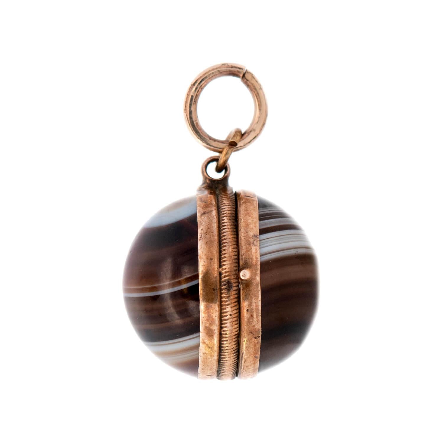 Victorian Style 10K Gold Banded Agate Ball Locket Pendant Necklace - Elegant Antique Jewelry for Women, Gift for Her, Valentine's Day & Anniversary Present