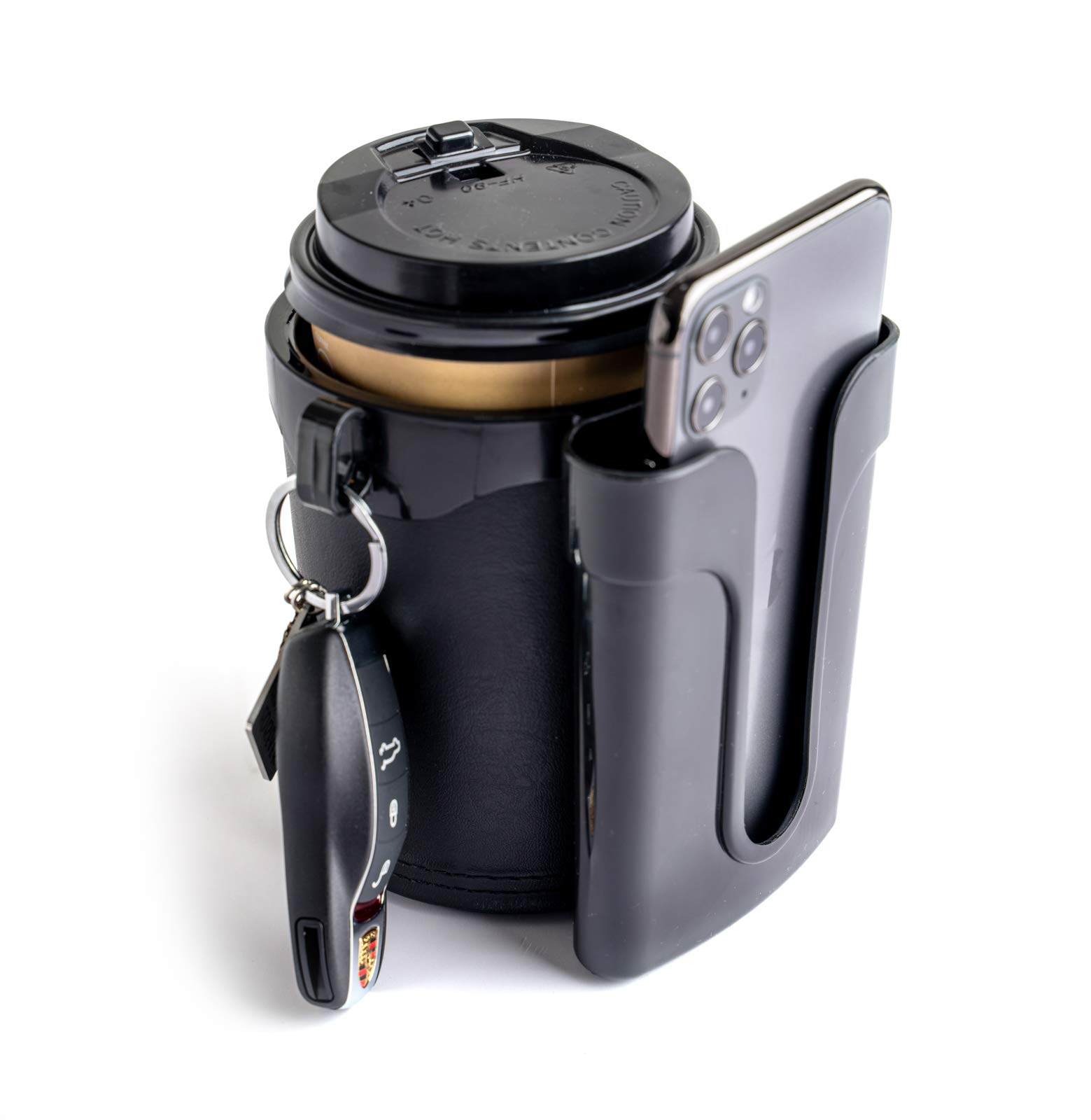 **Black Bike Cup Holder with Phone & Keys Mount - Handlebar Drink Holder for Water Bottles & Beer - Perfect for Cycling, Commuting & Outdoor Adventures**