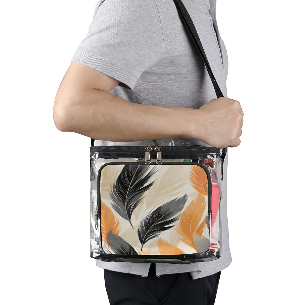 GzLeyigou Black & Yellow Feather Clear Tote Bag with Handles - Transparent Crossbody Shoulder Purse for Women, Lunch Bag - Perfect for Outdoor Travel, Picnic, Concerts & Sports Events (Stadium Approved)