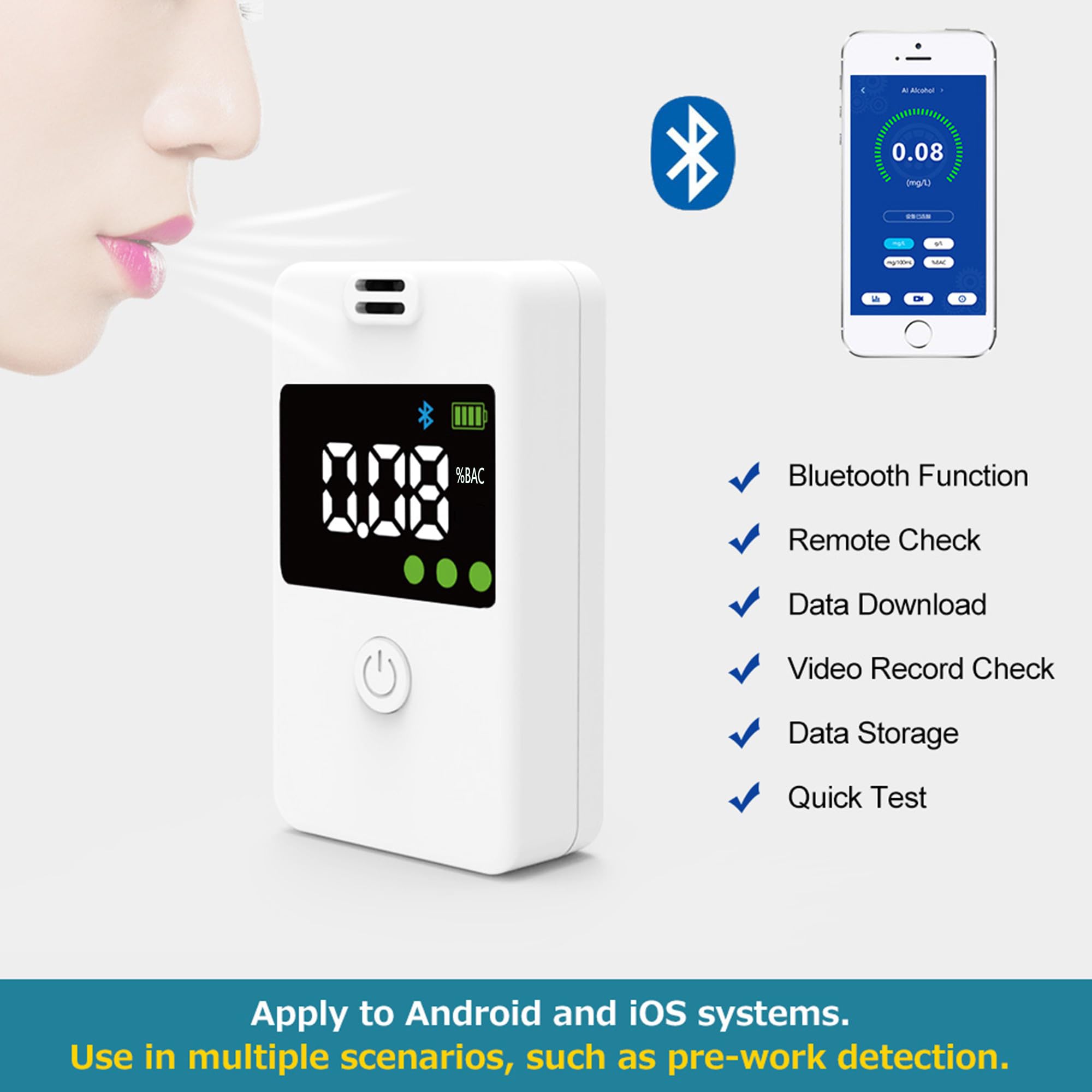 Professional Portable Alcohol Breathalyzer Tester with Bluetooth & Memory Function - High Accuracy Digital Breath Analyzer for Home, Party & Personal Use - White