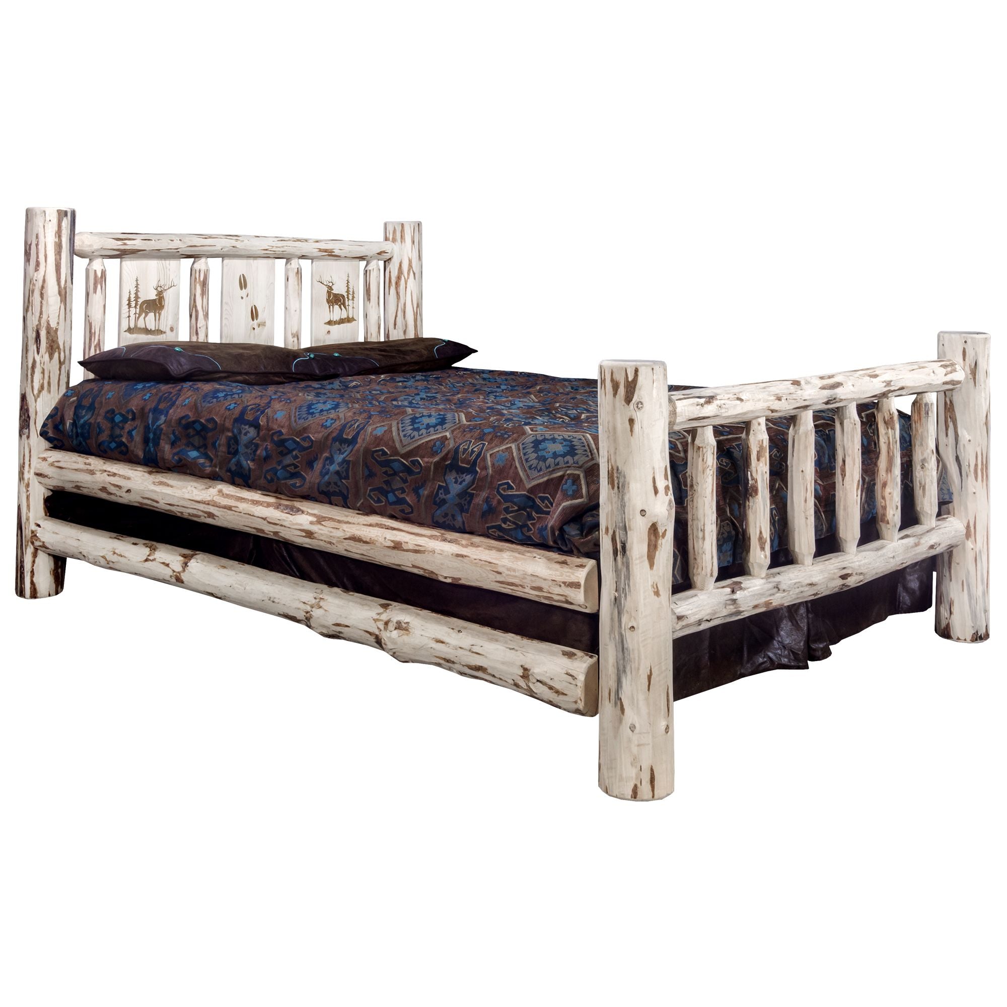 Montana Bed with Laser Engraved Design - Clear Lacquer Finish Wooden Bed Frame - Perfect for Modern Bedroom, Guest Room & Master Suite Decor