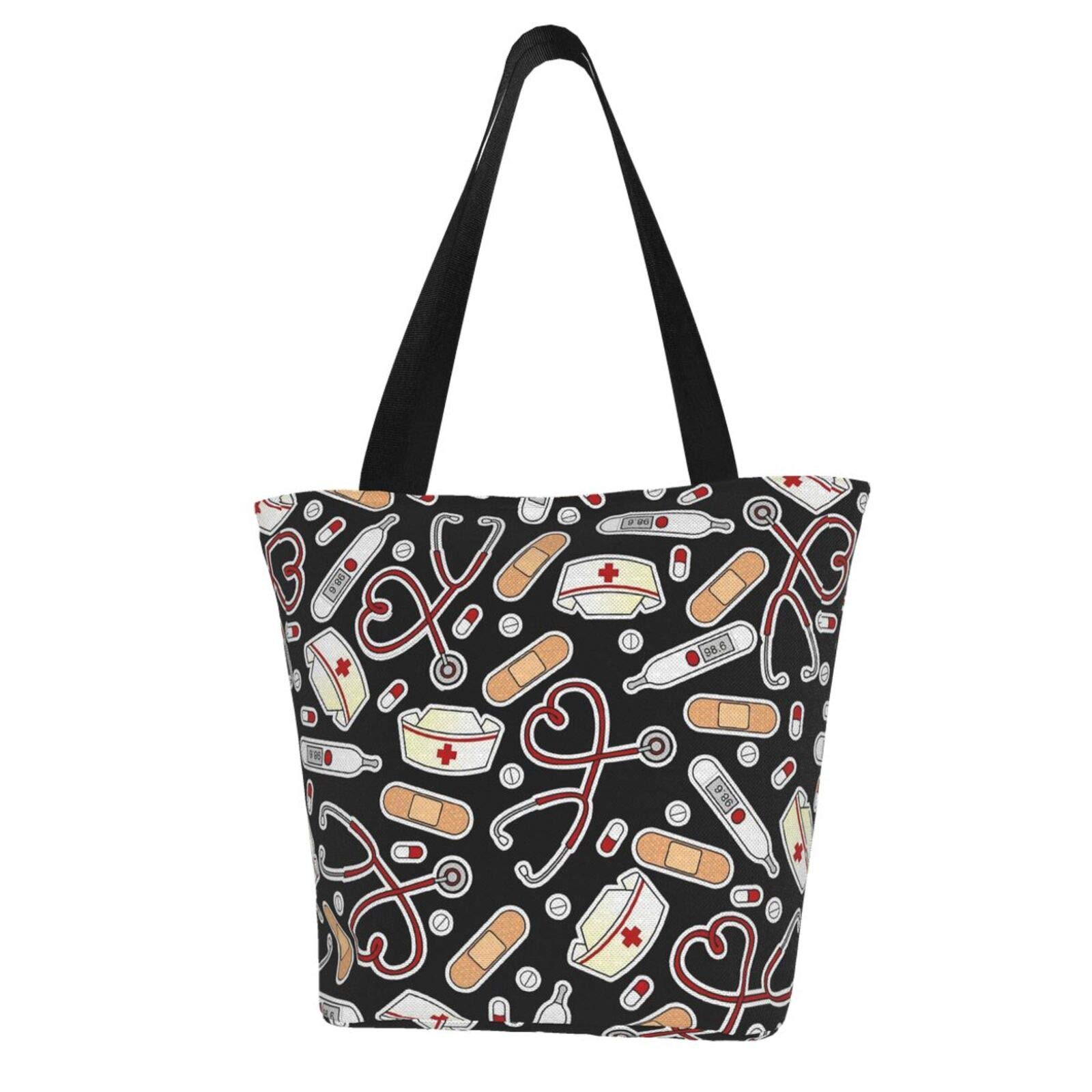 AntCreptson Nurse Hat Medical Thermometer Canvas Tote Bag - Large Reusable Cotton Shoulder Bag for Women, Work, Travel, Shopping & Grocery | Perfect for Nurses, Medical Professionals & Daily Commute