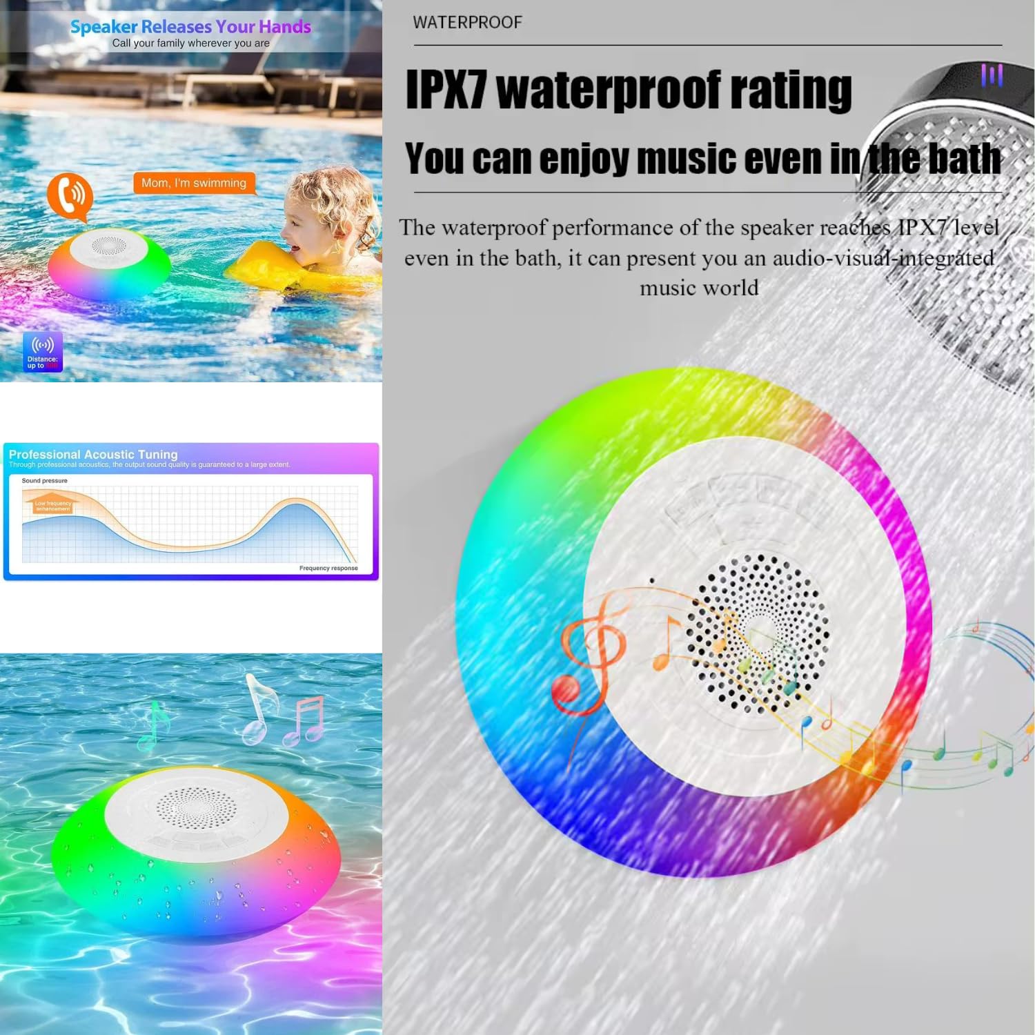 Portable Bluetooth Speaker with Colorful Lights, IPX7 Waterproof Floating Pool Speaker, 8 Light Modes, Hands-Free Hot Tub & Jacuzzi Speaker, Perfect for Pool Parties, Beach Trips, and Outdoor Adventures