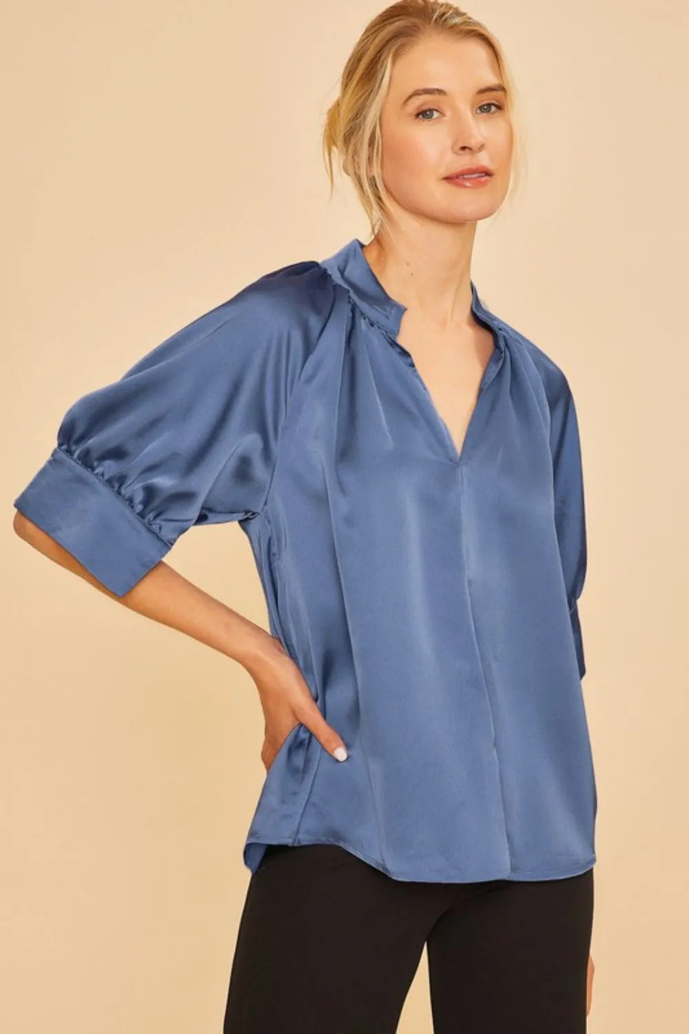 Dusty Blue Satin Open Short Sleeve Woven Blouse Top for Women - Elegant Casual & Office Wear