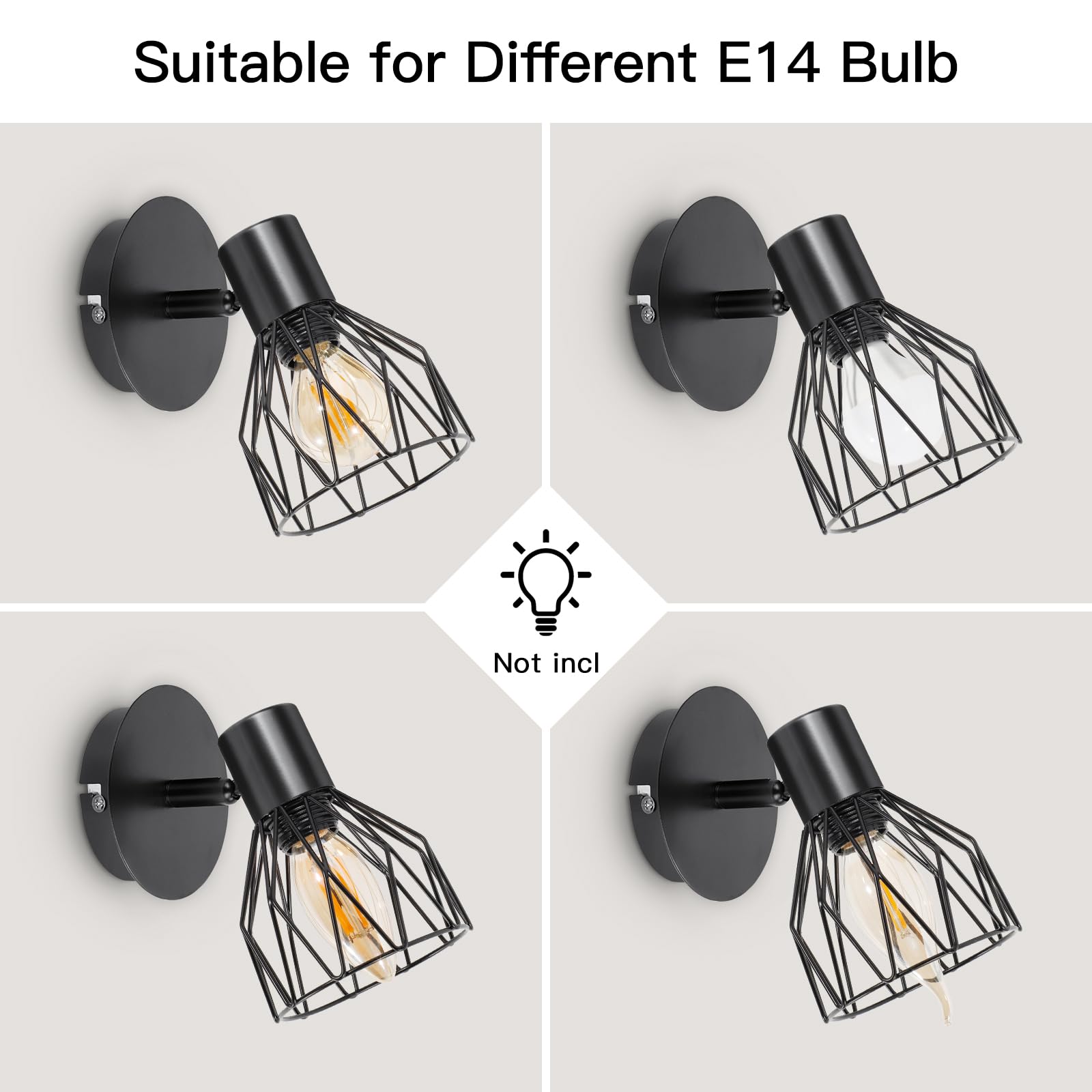 Industrial Wall Lights with E14 Socket - Adjustable Wire Cage Shade, Black Metal Sconce Lighting (2 Pack) - Perfect for Living Room, Bedroom, Hallway & Shop Decor