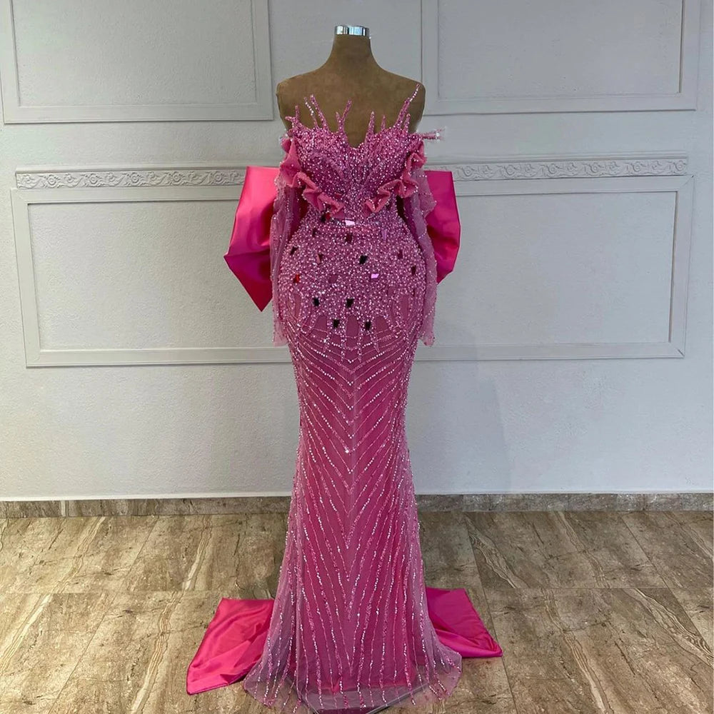 Elegant Fuchsia Mermaid Evening Dress with Pearl Beading - Luxury Formal Gown for Women | Dubai Party Wear, Wedding Guest Dress, Red Carpet Event 2025 - LA72263