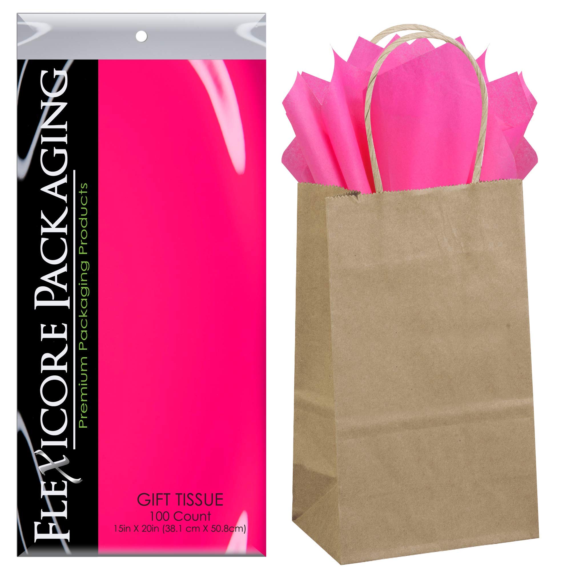 Flexicore Packaging® 50-Pack Natural Brown Kraft Paper Gift Bags with 100 Sheets Hot Pink Tissue Paper - Eco-Friendly Party Favor Bags for Weddings, Birthdays & Holiday Gifting