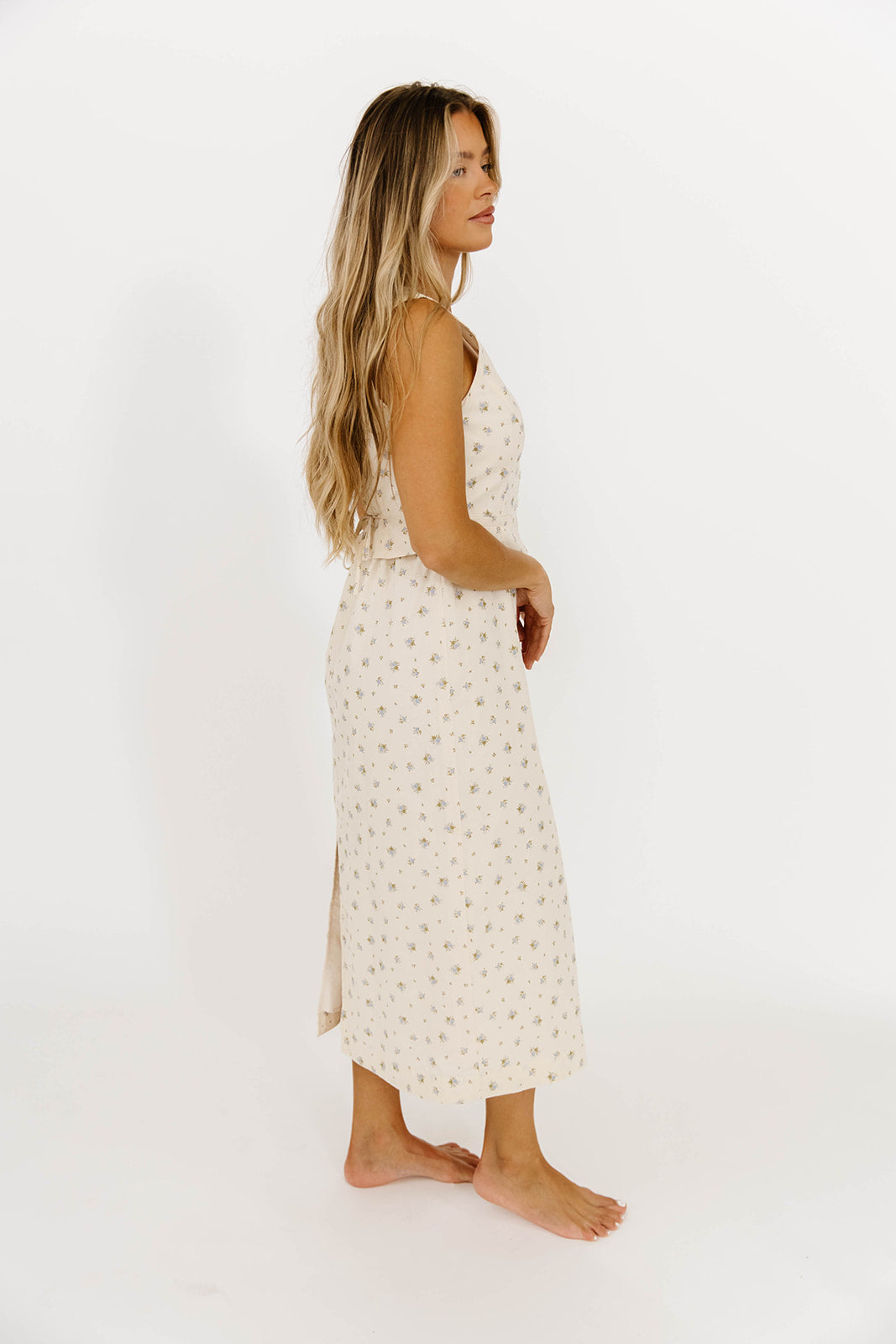 Blue Floral Florence Vest Detail Midi Dress - Elegant Women's Summer Dress for Weddings, Parties & Casual Outings