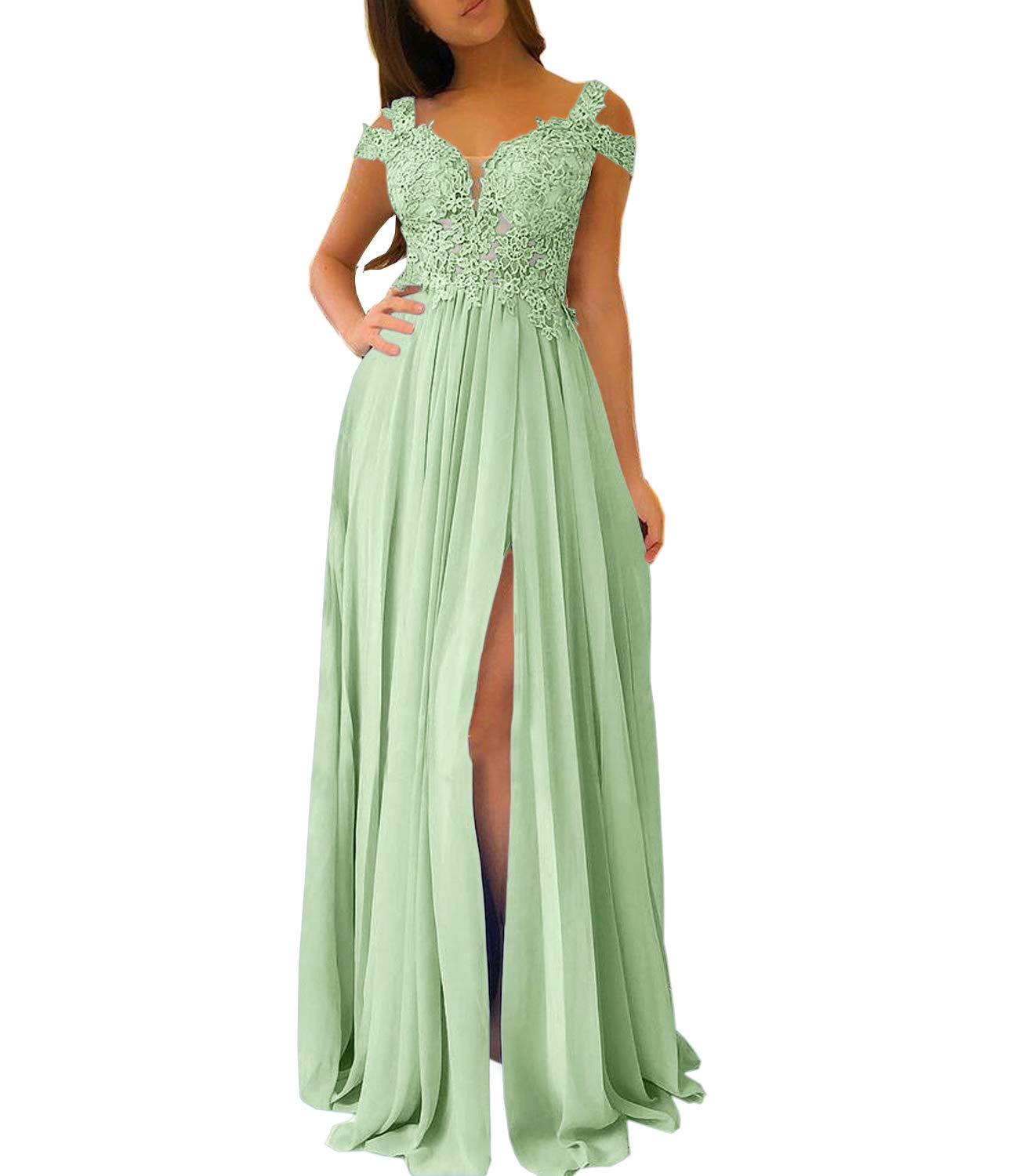 Elegant Women's Lace Appliqued Evening Gowns with Side Split - A-line Prom Dresses Long for Formal Events, Weddings & Special Occasions