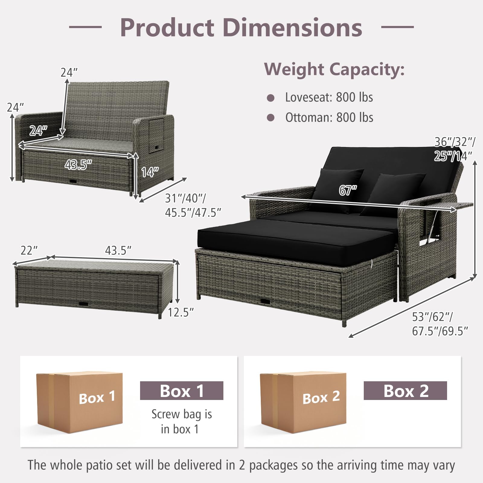 Tangkula Outdoor Patio Rattan Daybed Set with Adjustable Backrest - Wicker Loveseat Sofa, Ottoman & Side Tray - Includes Storage Footstool & Cushions - Perfect for Backyard, Garden, Poolside Relaxation