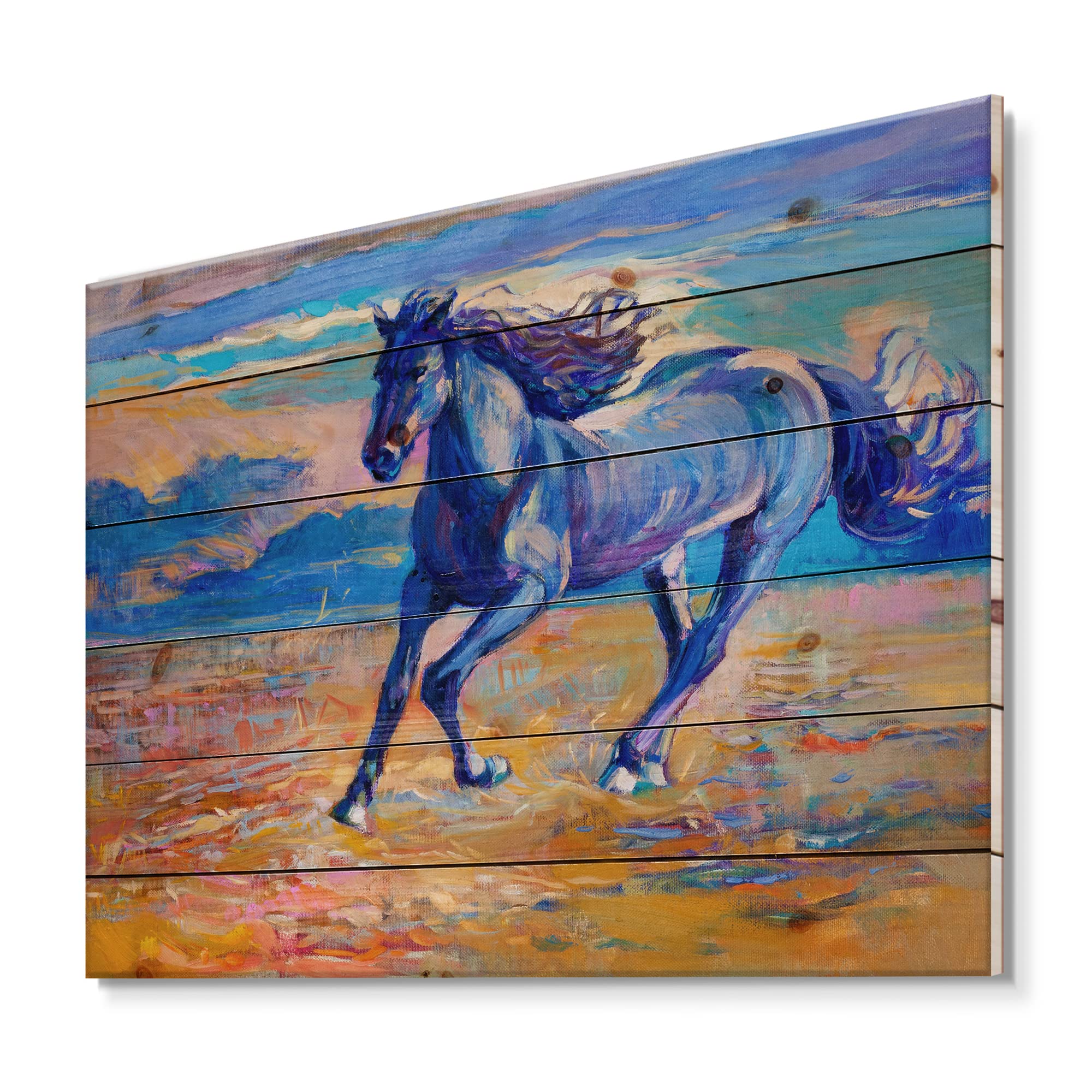 Blue Horse Galoping Over The Prairie - Farmhouse Wood Wall Decor, Large Animal Wood Wall Art Panel Printed on Natural Pine - Perfect for Living Room, Bedroom & Country Style Home Decor