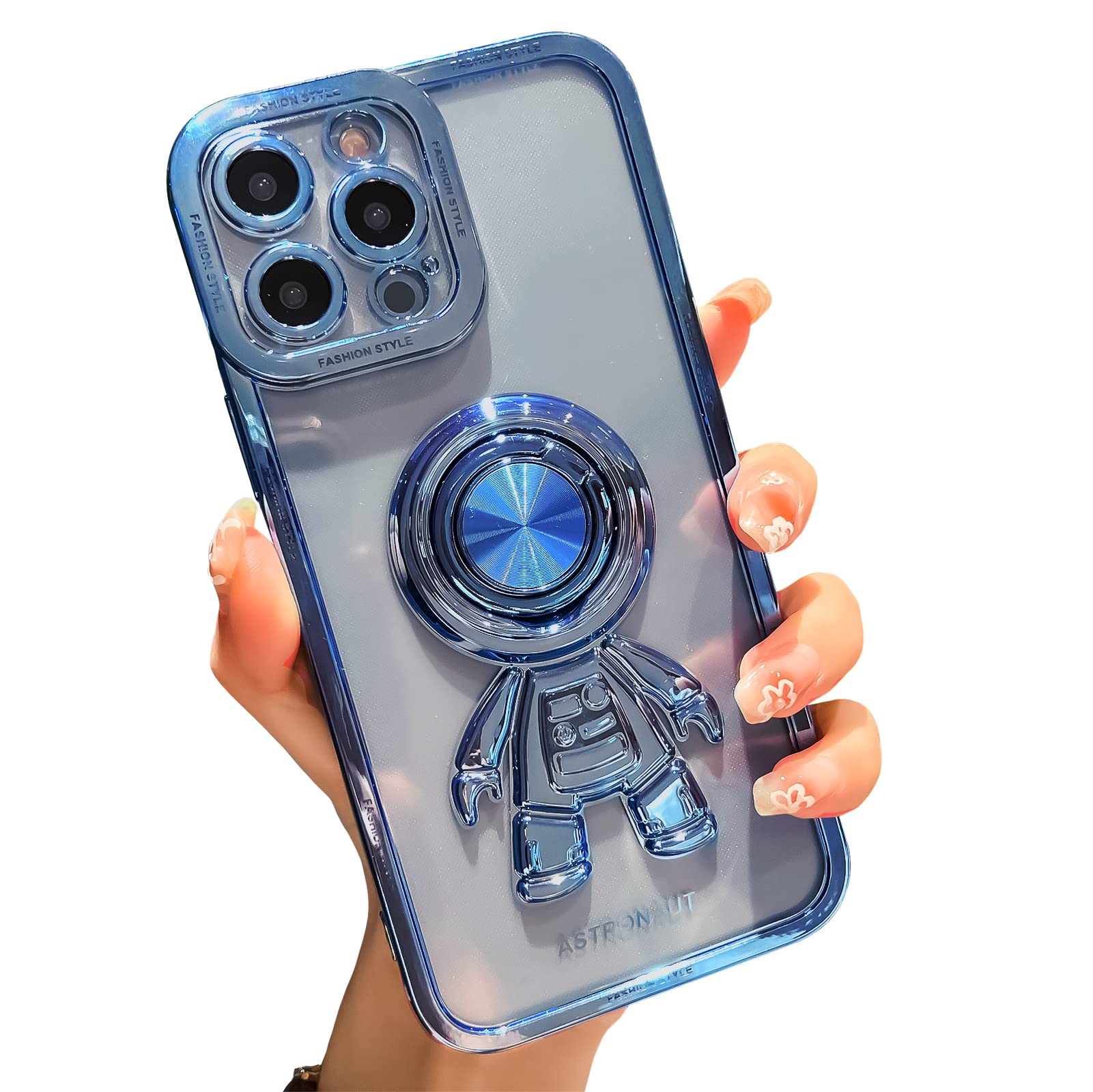 Premium Luxury Plating Clear Astronaut Phone Case for iPhone 13 - Blue Cute Case with Hidden Stand & Ring Holder (6.1 Inch) | Perfect for Space Lovers, Daily Protection & Hands-Free Viewing