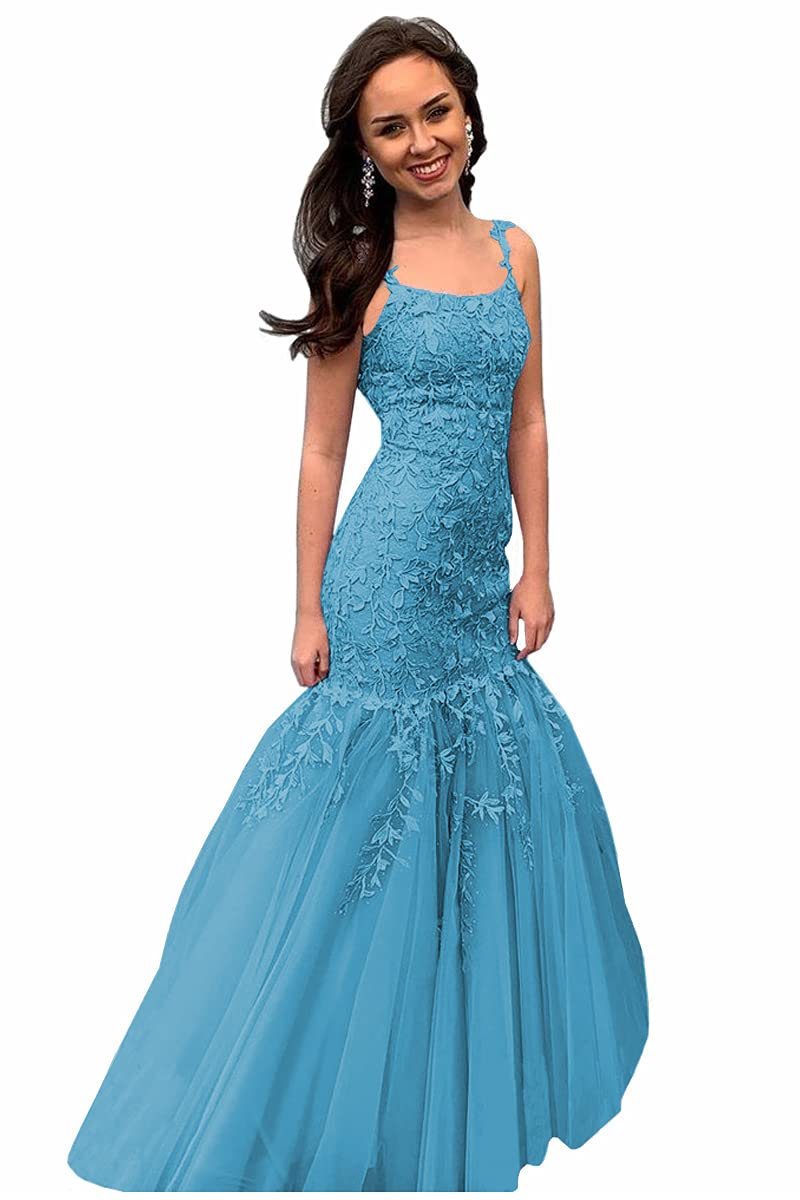 Zhangyo Women's Elegant Tulle Mermaid Prom Dress with Long Spaghetti Straps, Puffy Lace Backless Design - Perfect for Formal Events, Homecoming, Wedding Parties & Special Occasions